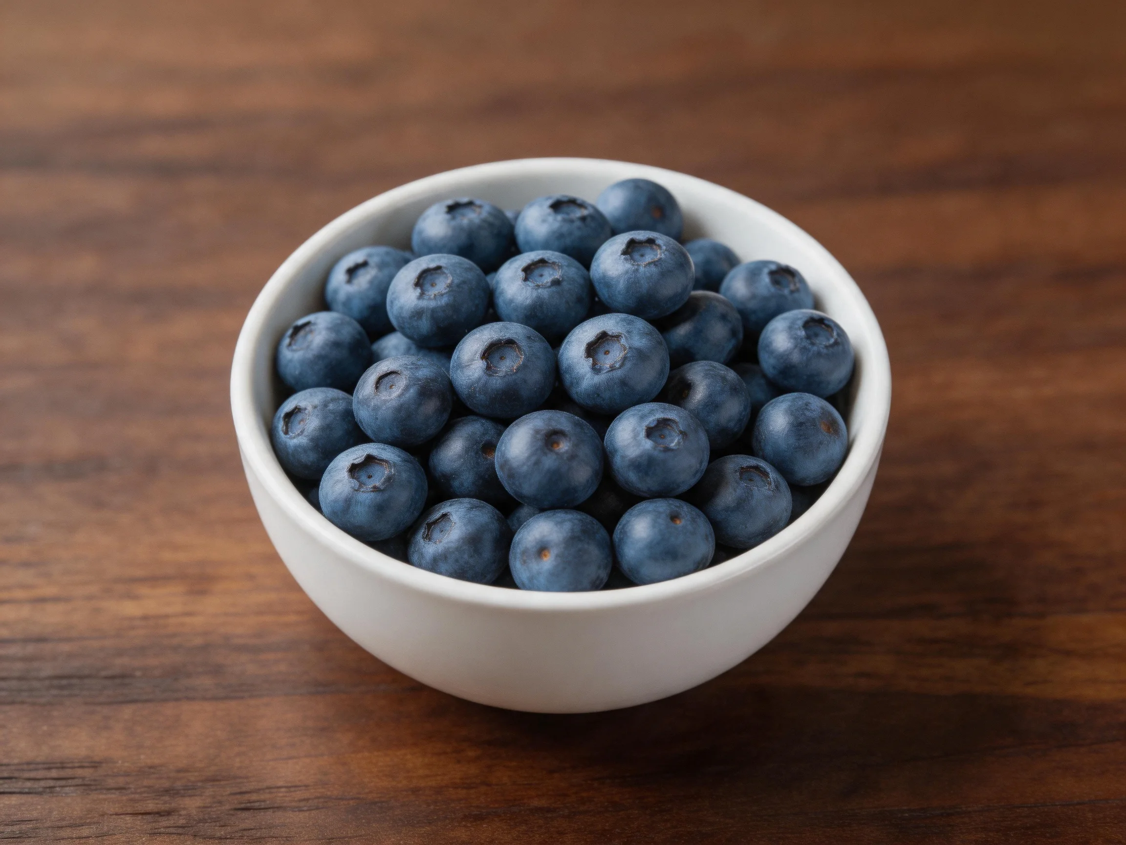 A white bowl filled with plump blueberries sits on a wooden surface