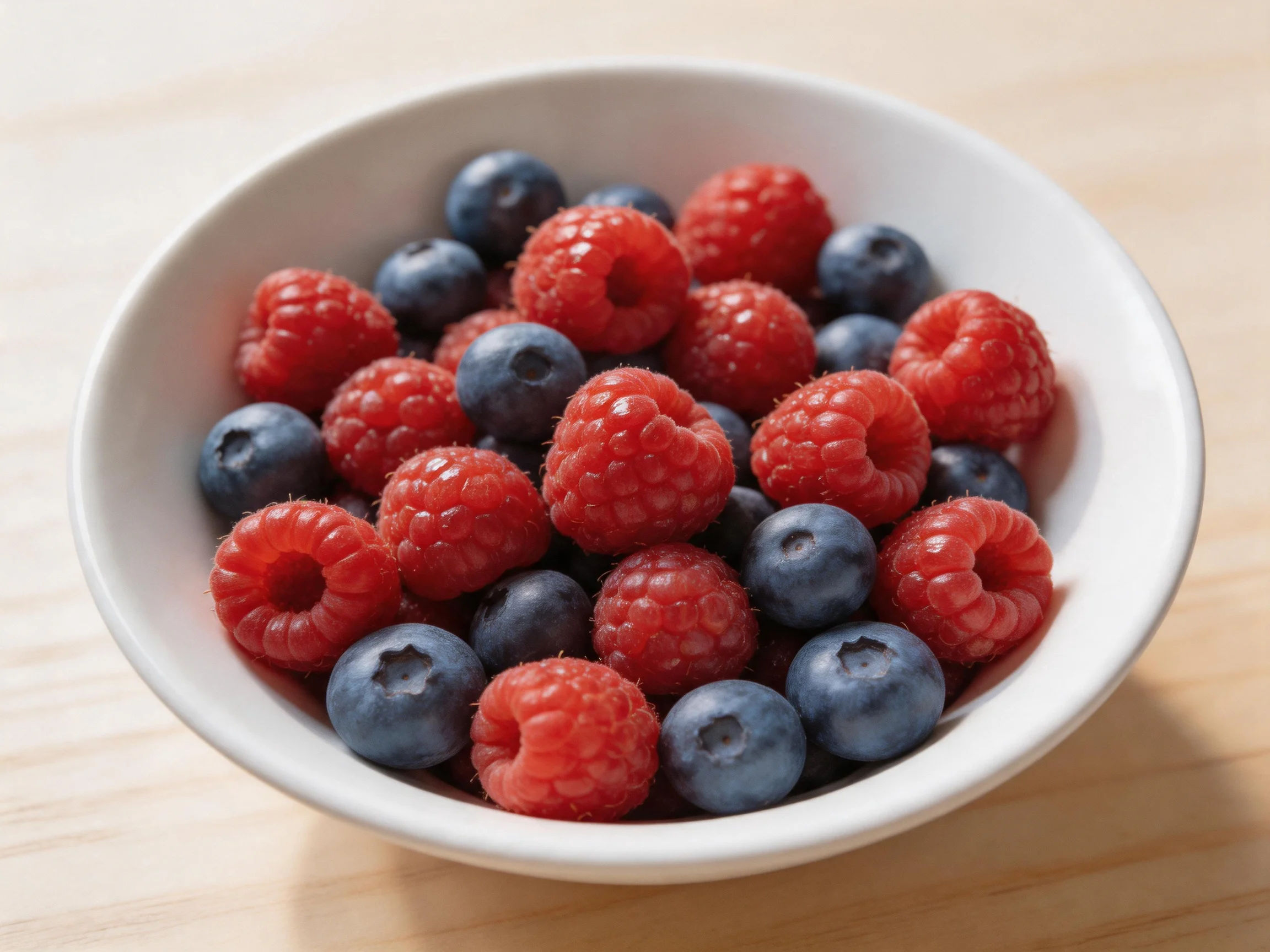 A white bowl filled with plump raspberries and blueberries