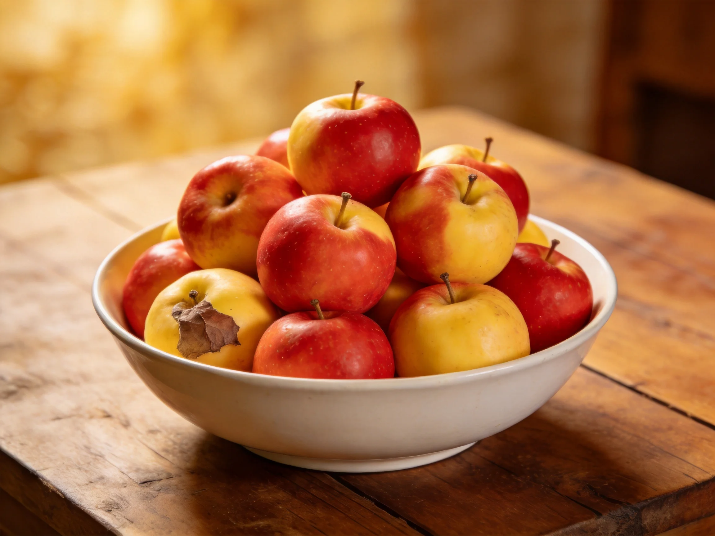 A white bowl filled with red and golden apples on a rustic wooden table