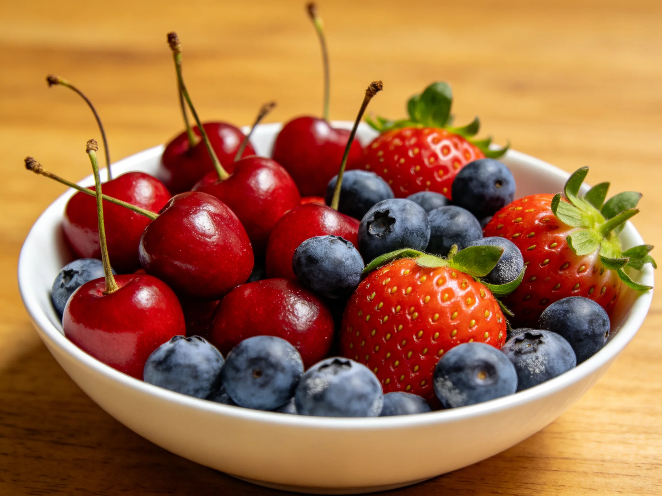 A white bowl filled with red cherries, strawberries, and blueberries