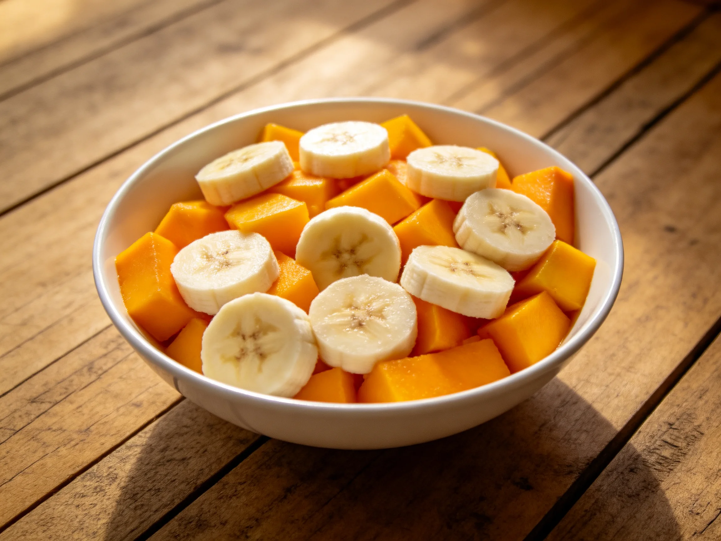 A white bowl filled with sliced bananas and mango cubes