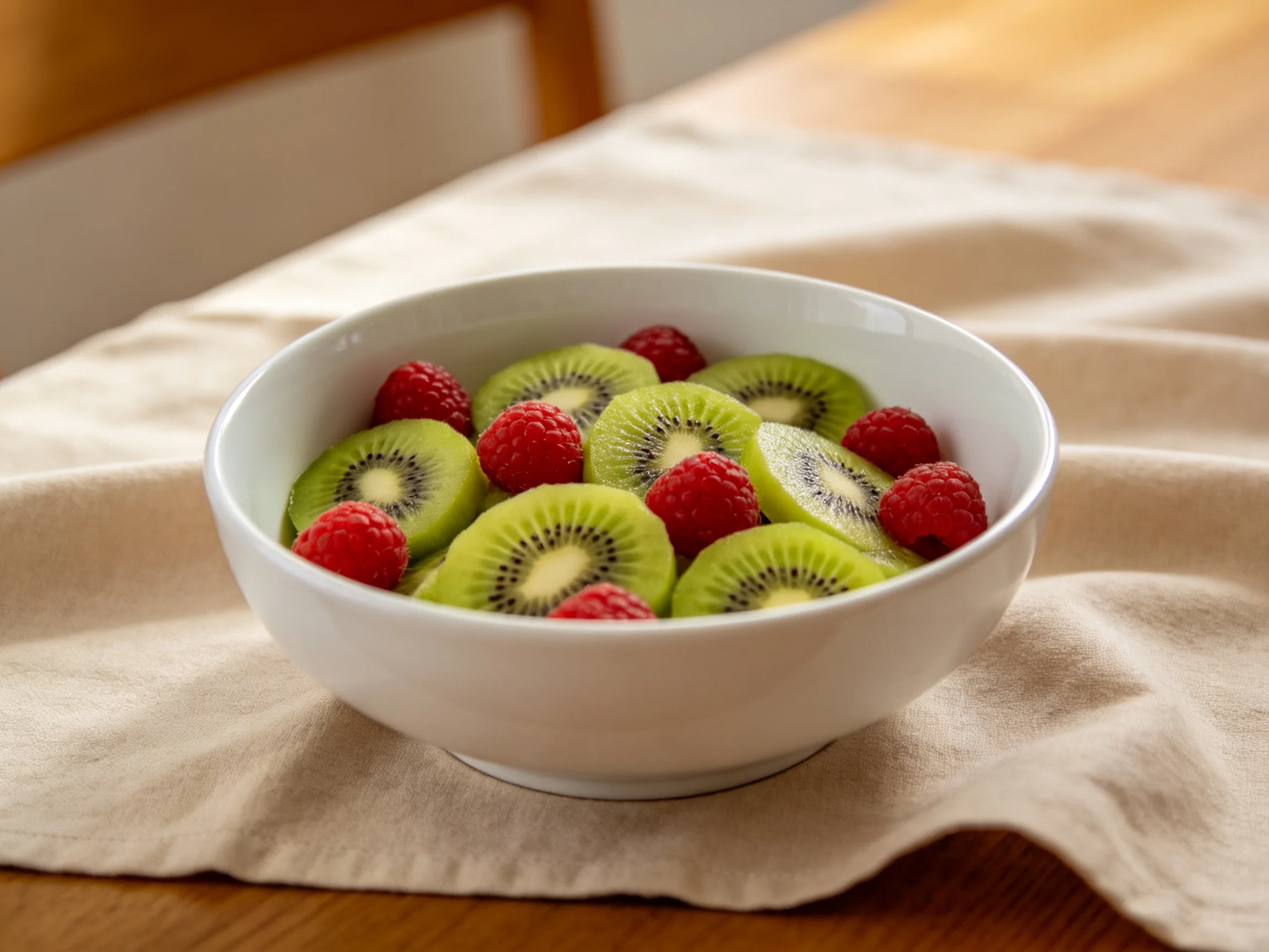 A white bowl filled with sliced green kiwis and red raspberries