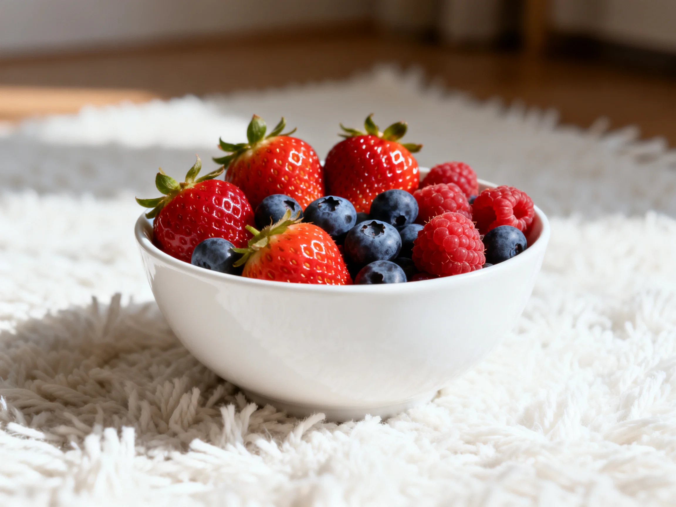 A white bowl filled with strawberries, raspberries, and blueberries on a fluffy rug
