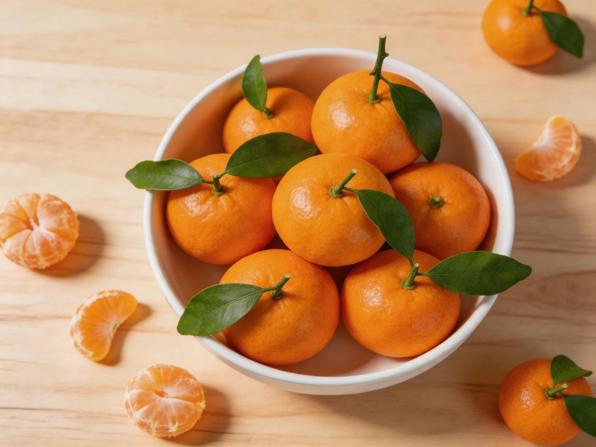 A white bowl filled with vibrant orange tangerines on a wooden surface