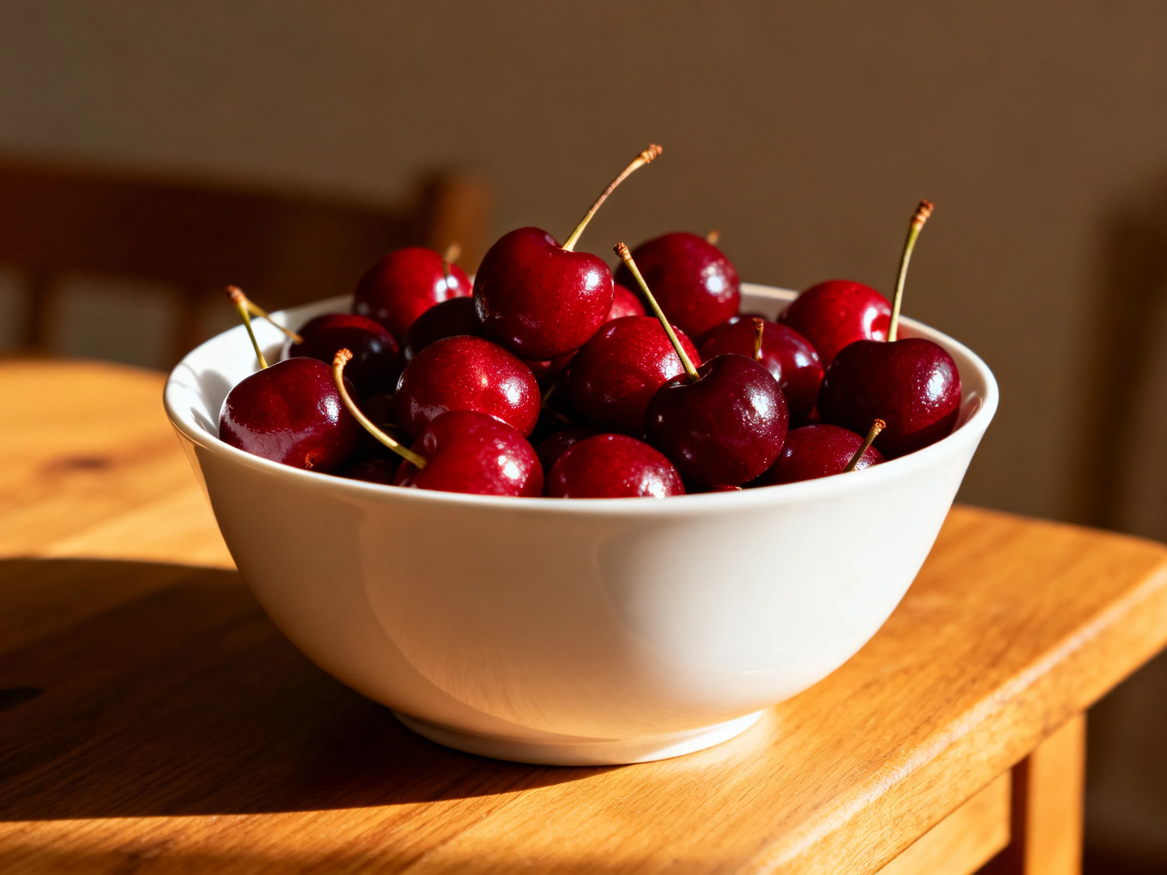 A white bowl filled with vibrant red cherries sits on a wooden table