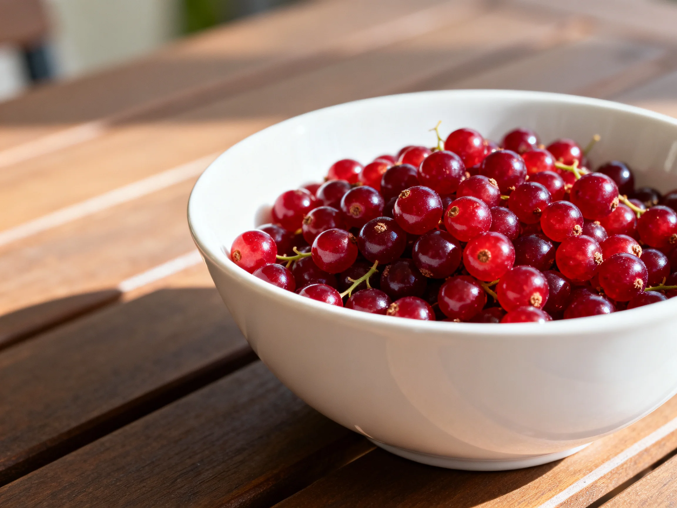 A white bowl filled with vibrant red currants on a wooden table