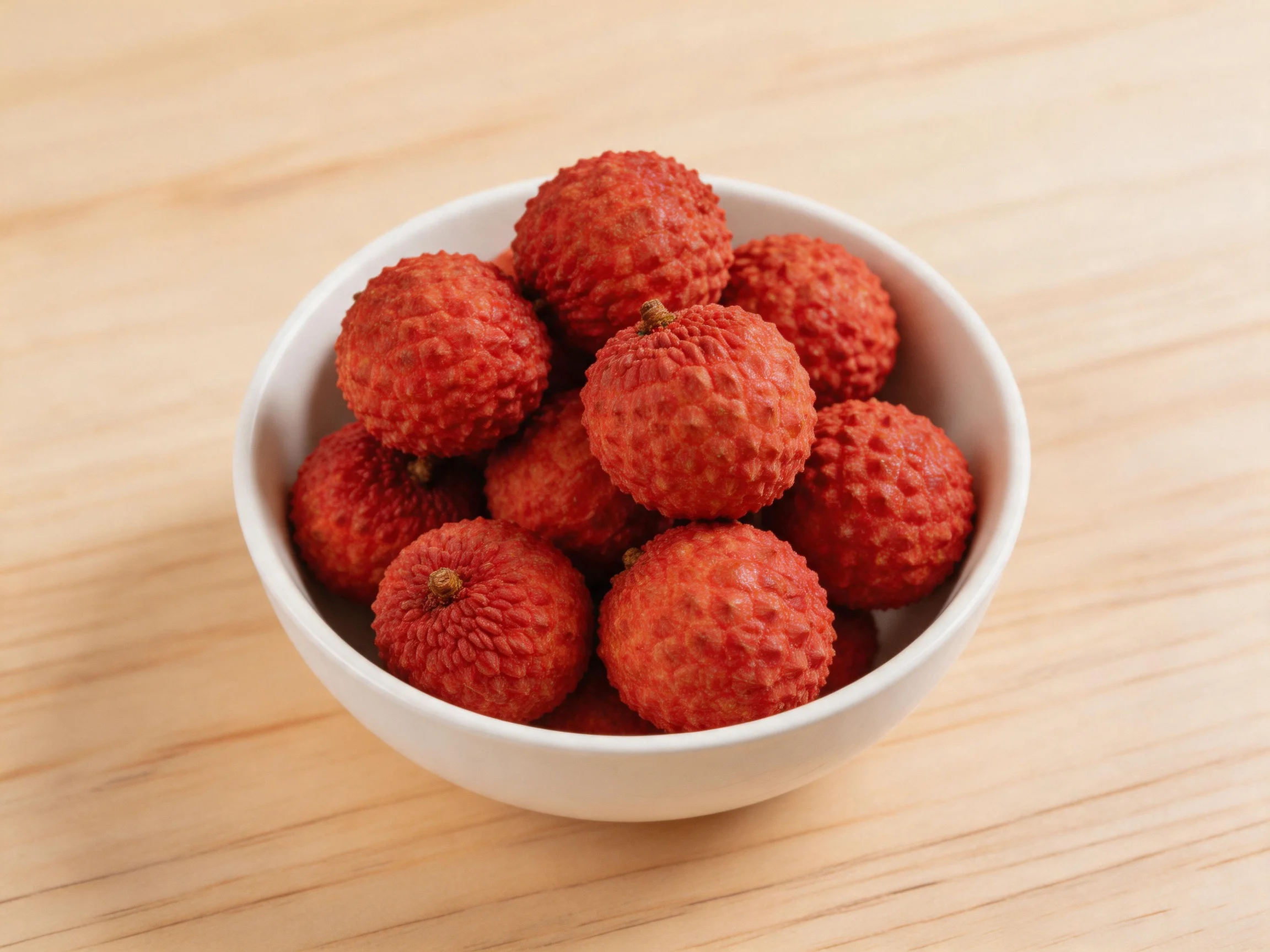 A white bowl filled with vibrant red lychees on a wooden surface