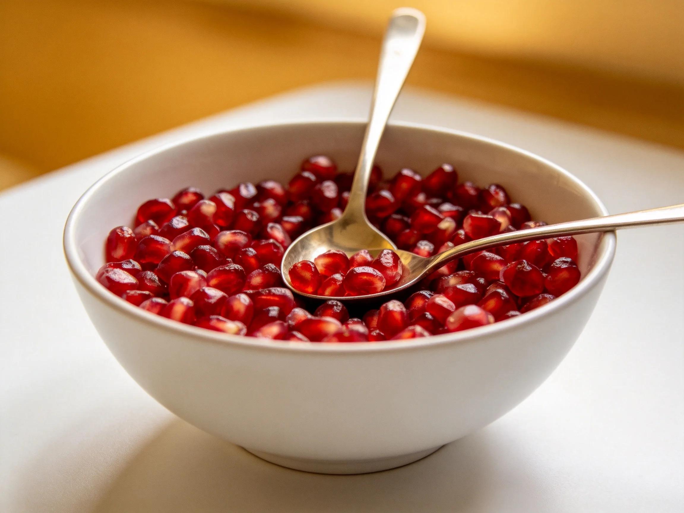 A white bowl filled with vibrant red pomegranate seeds and two silver spoons