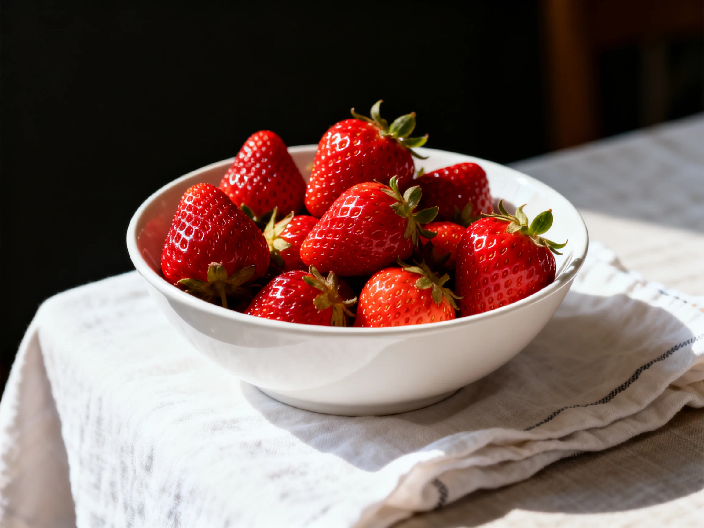 A white bowl filled with vibrant red strawberries on a cloth