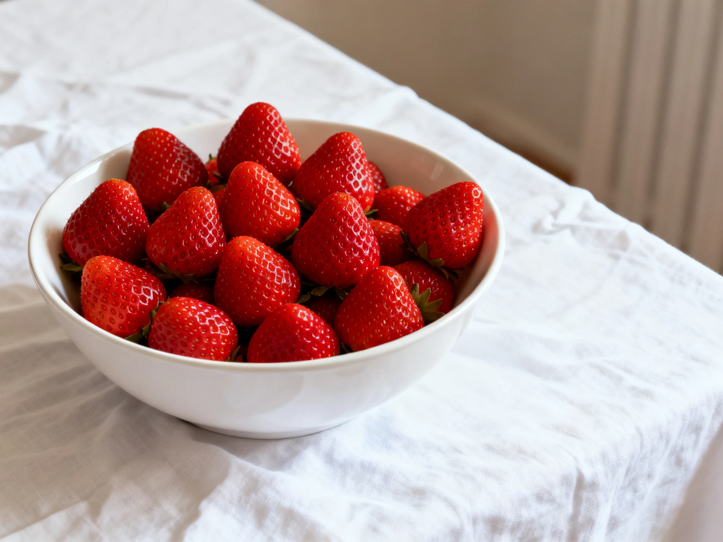 A white bowl filled with vibrant red strawberries on a white cloth