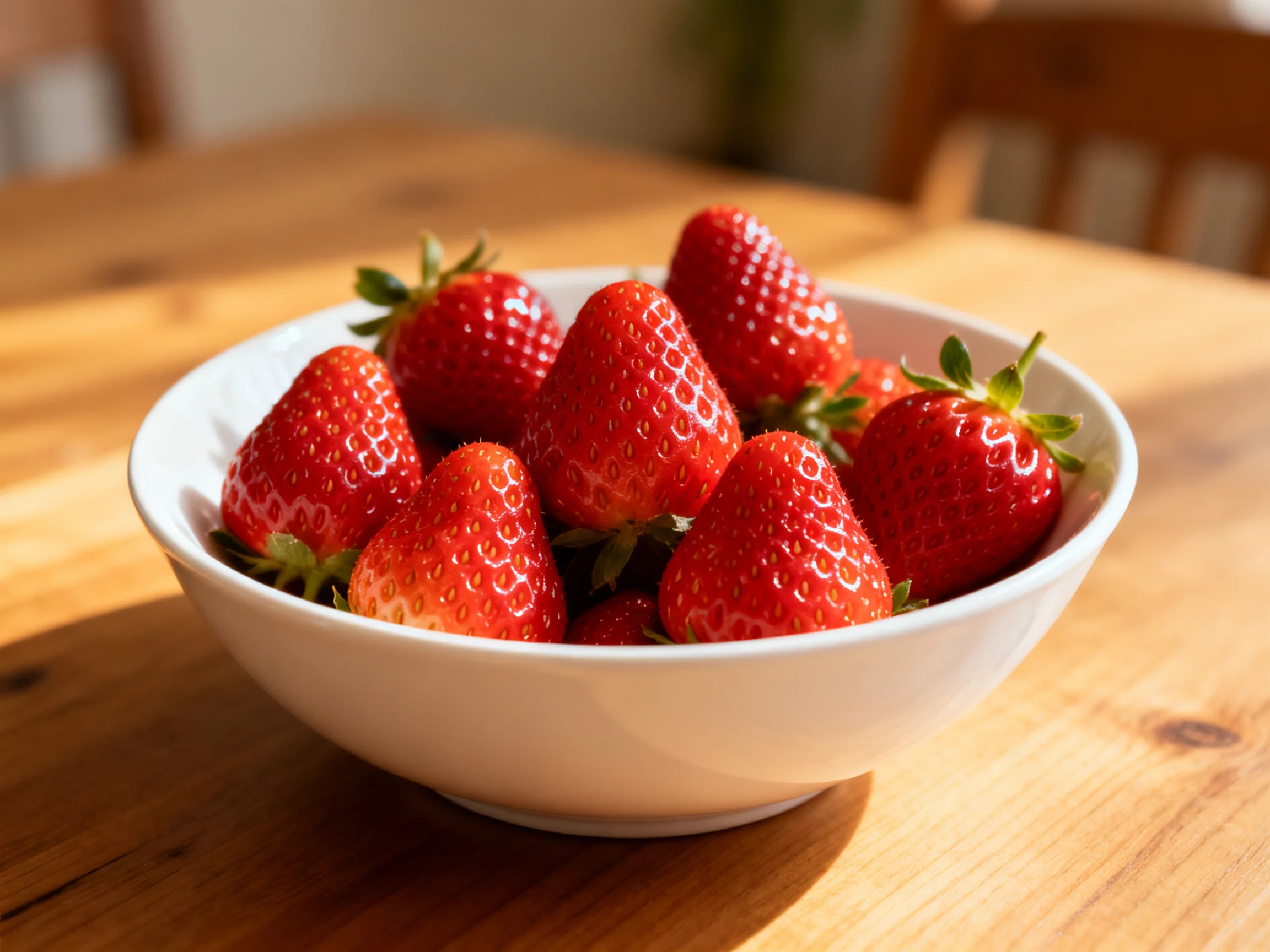 A white bowl filled with vibrant red strawberries sits on a wooden table