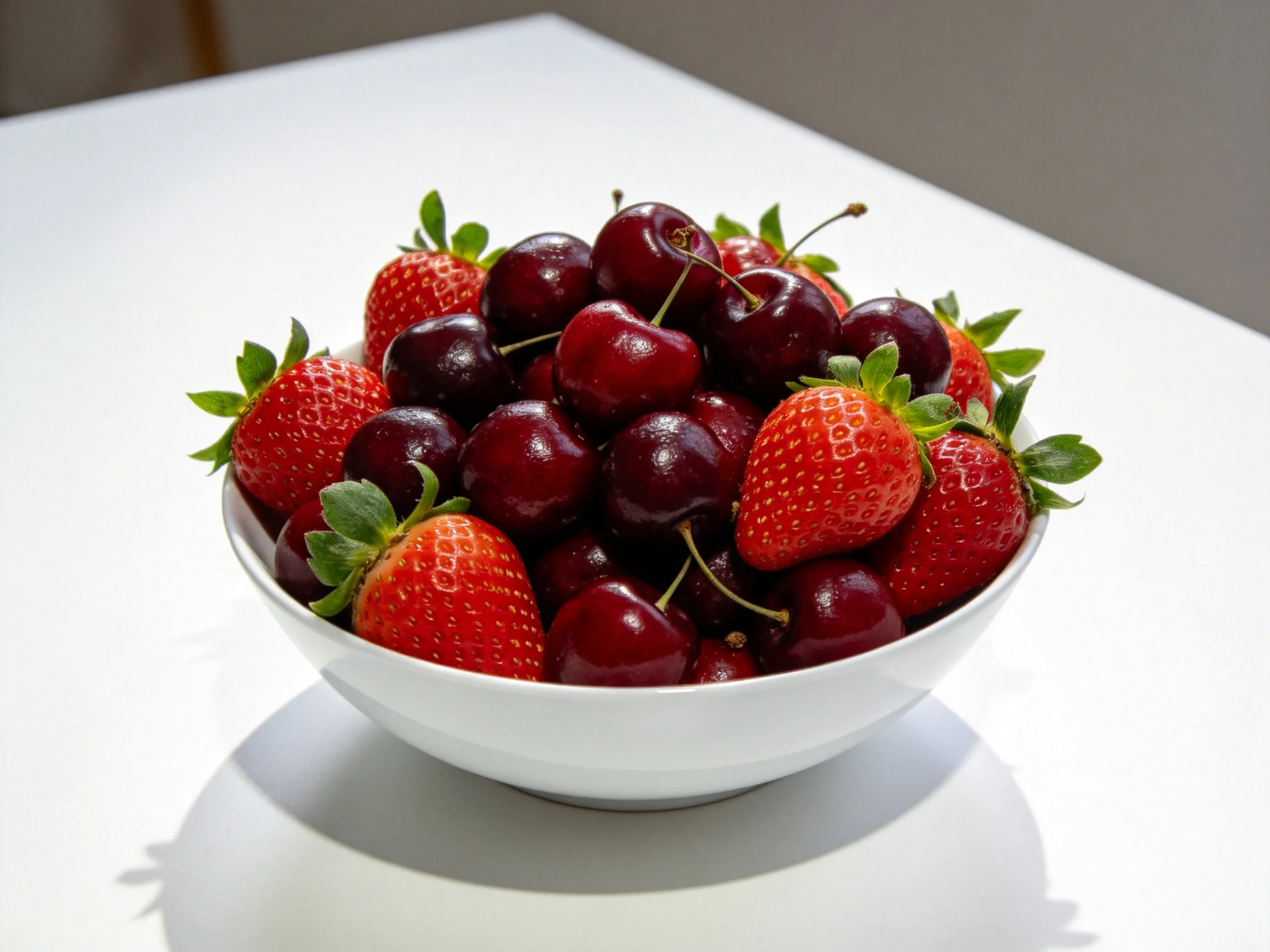 A white bowl filled with vibrant strawberries and dark cherries