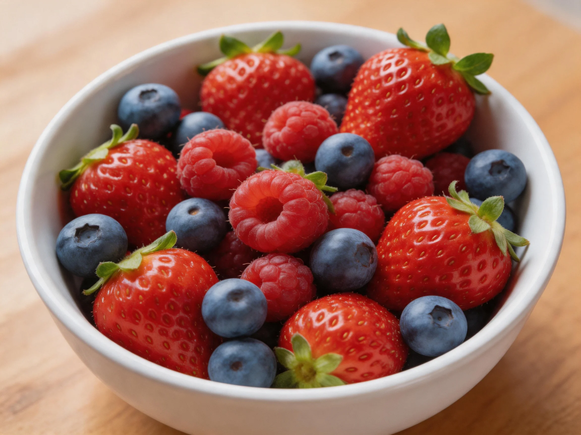 A white bowl filled with vibrant strawberries, raspberries, and blueberries