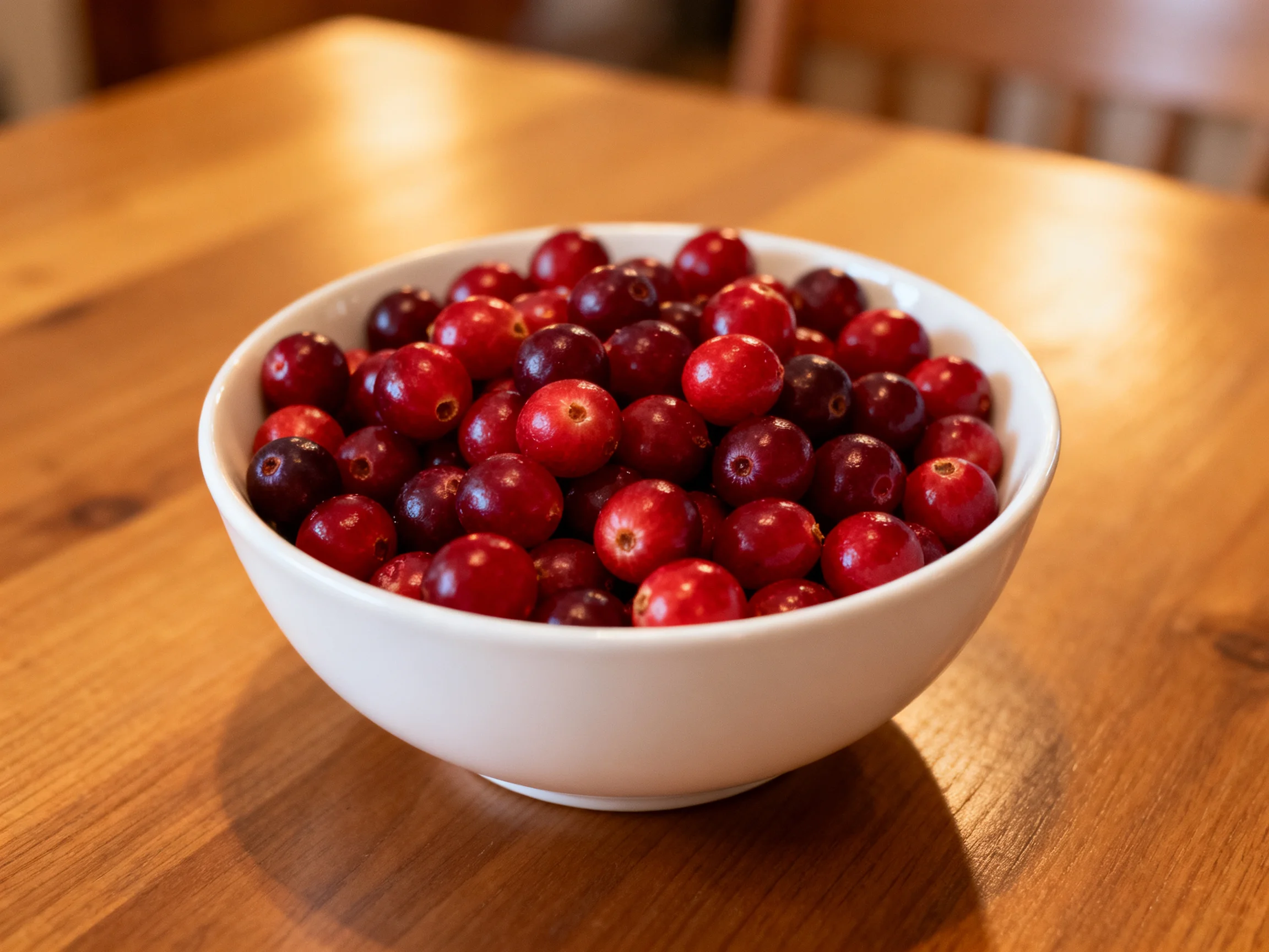 A white bowl filled withvibrant red and dark purple cranberries on a wooden table