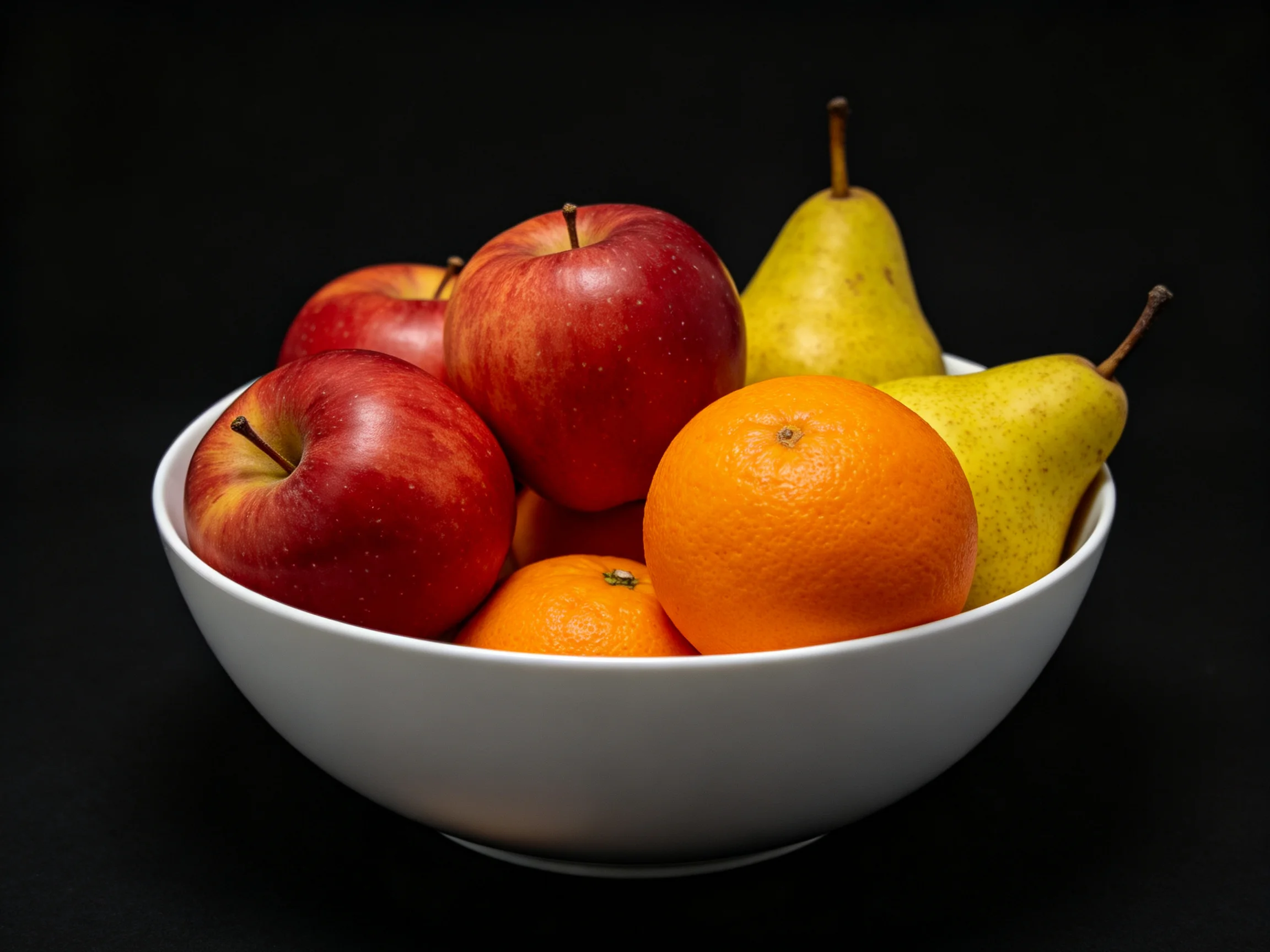 A white bowl holding vibrant red apples, yellow pears, and orange citrus