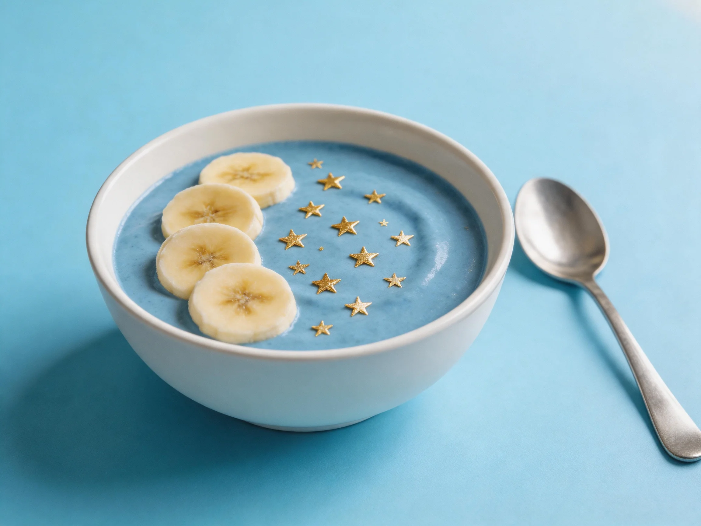 A white bowl holds a blue smoothie with banana slices and golden star decorations