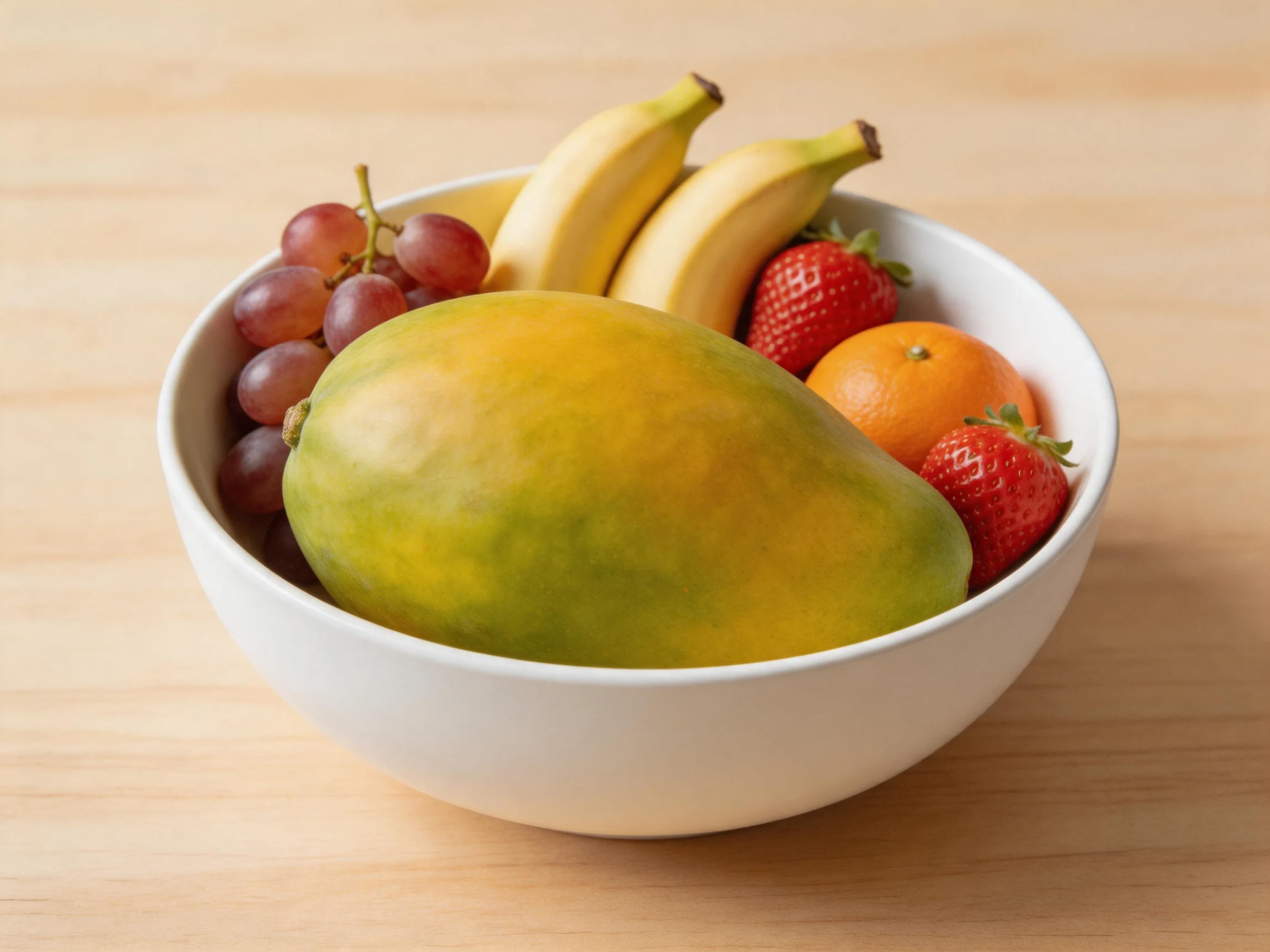 A white bowl holds a mango, bananas, grapes, strawberries, and an orange