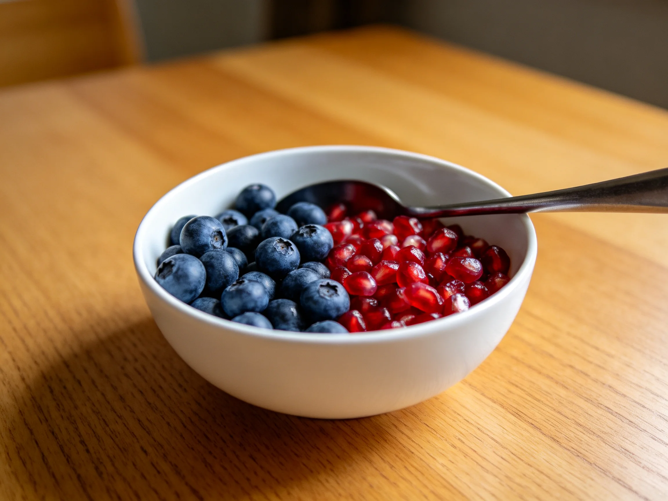 A white bowl holds blueberries and pomegranate seeds on a wooden table