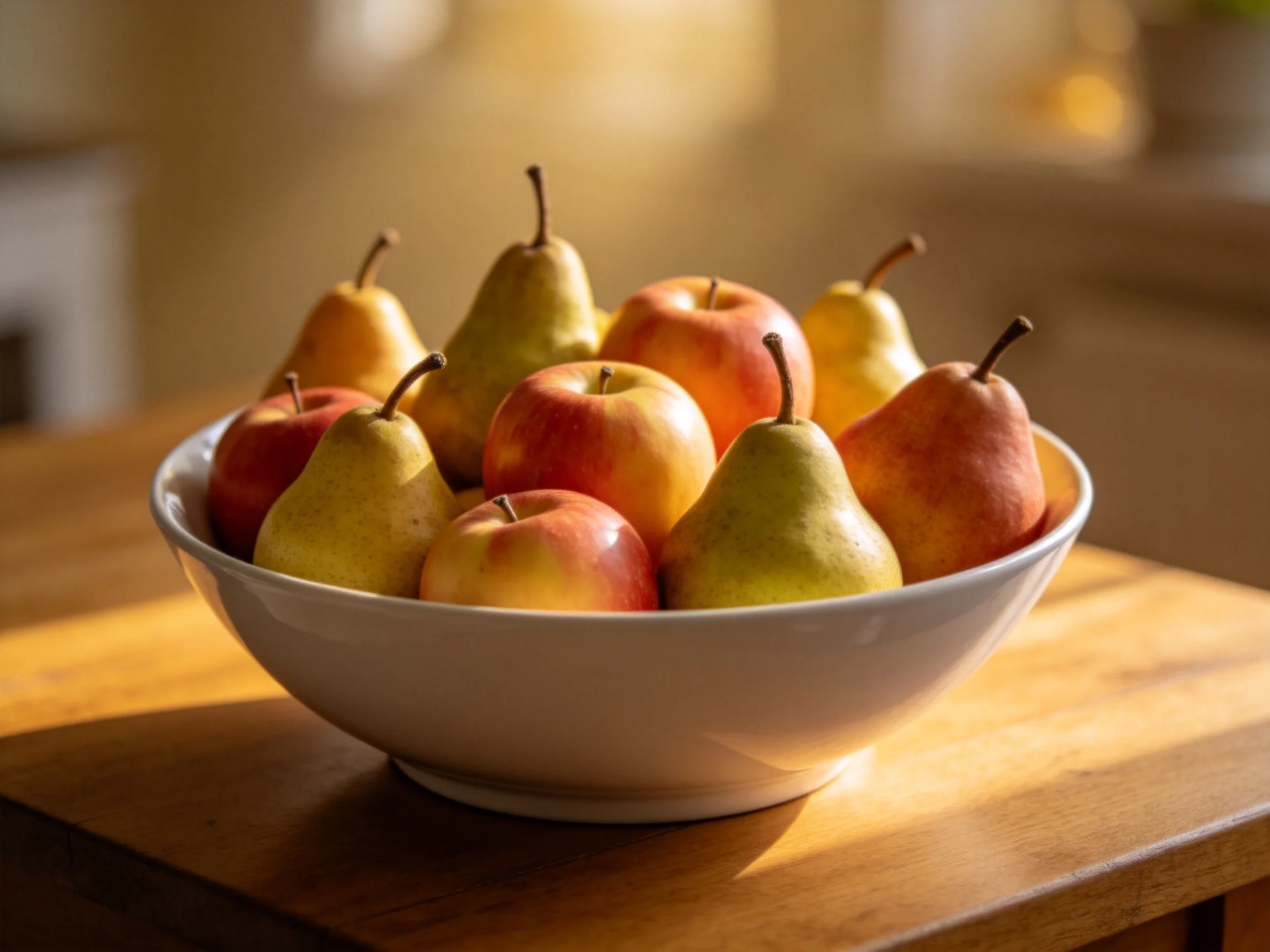 A white bowl holds colorful apples and pears on a wooden table