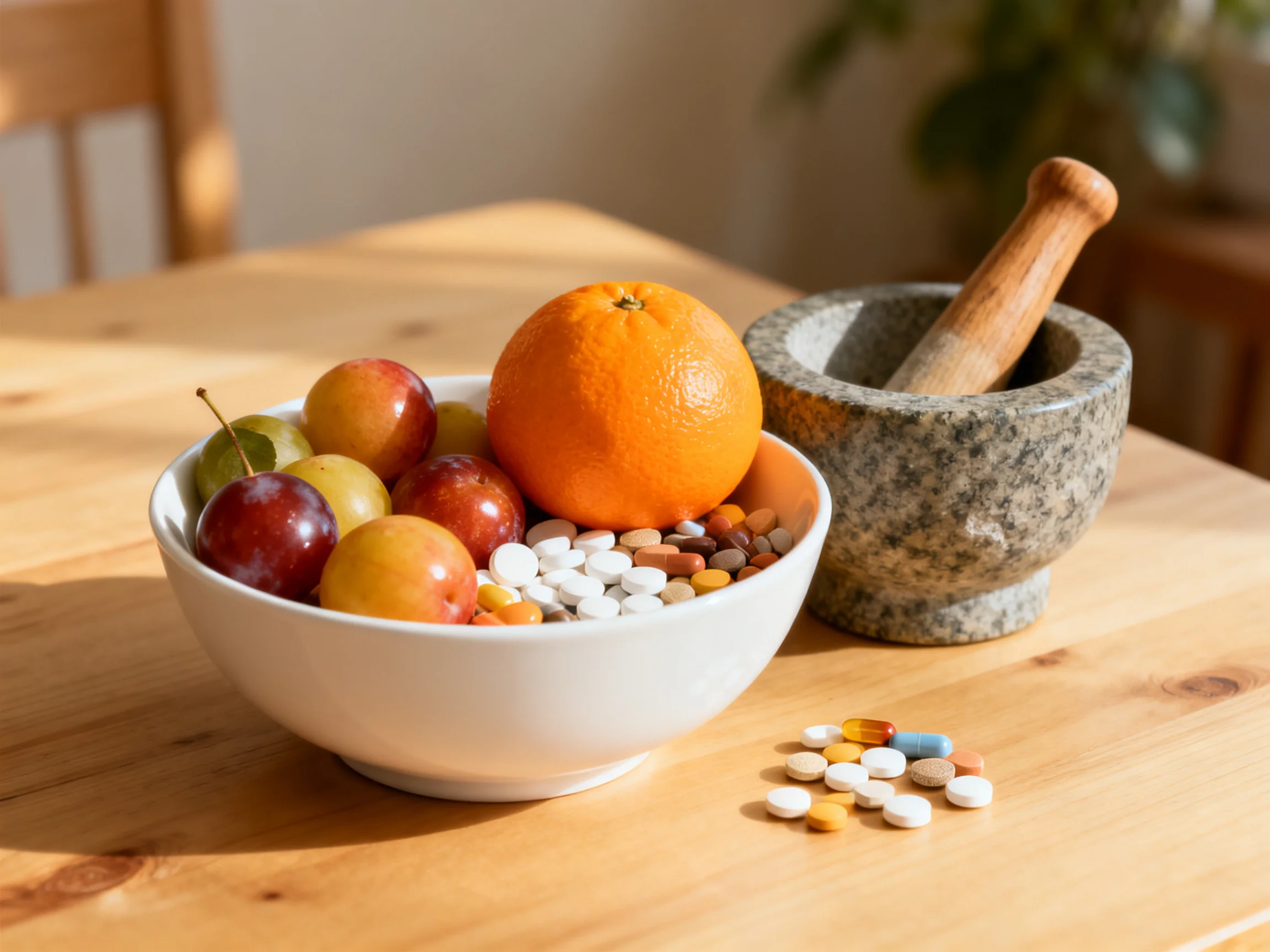 A white bowl holds colorful fruits, pills, beside a stone mortar