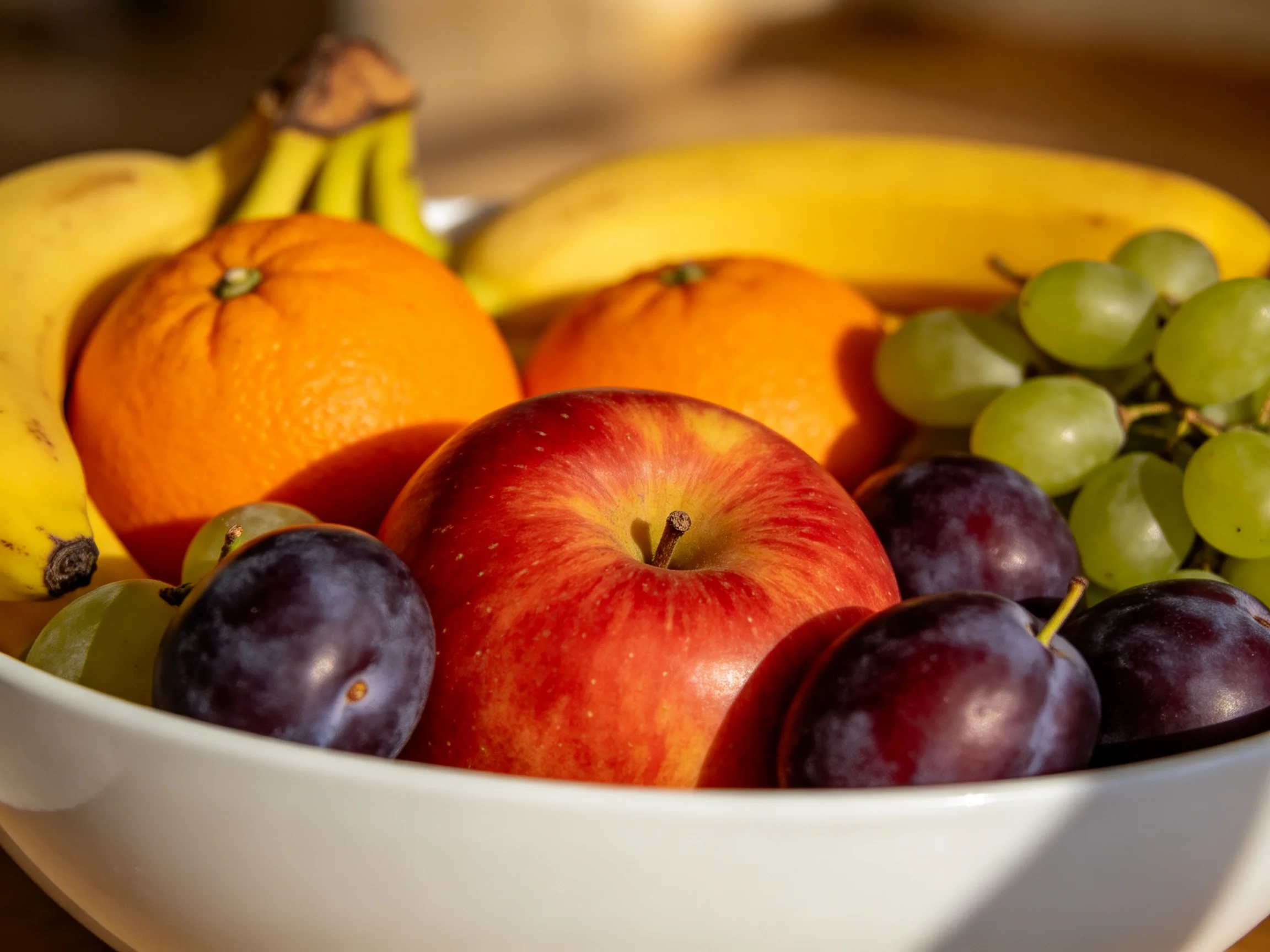A white bowl holds diverse colorful fruits like bananas, apples, oranges, grapes, and plums