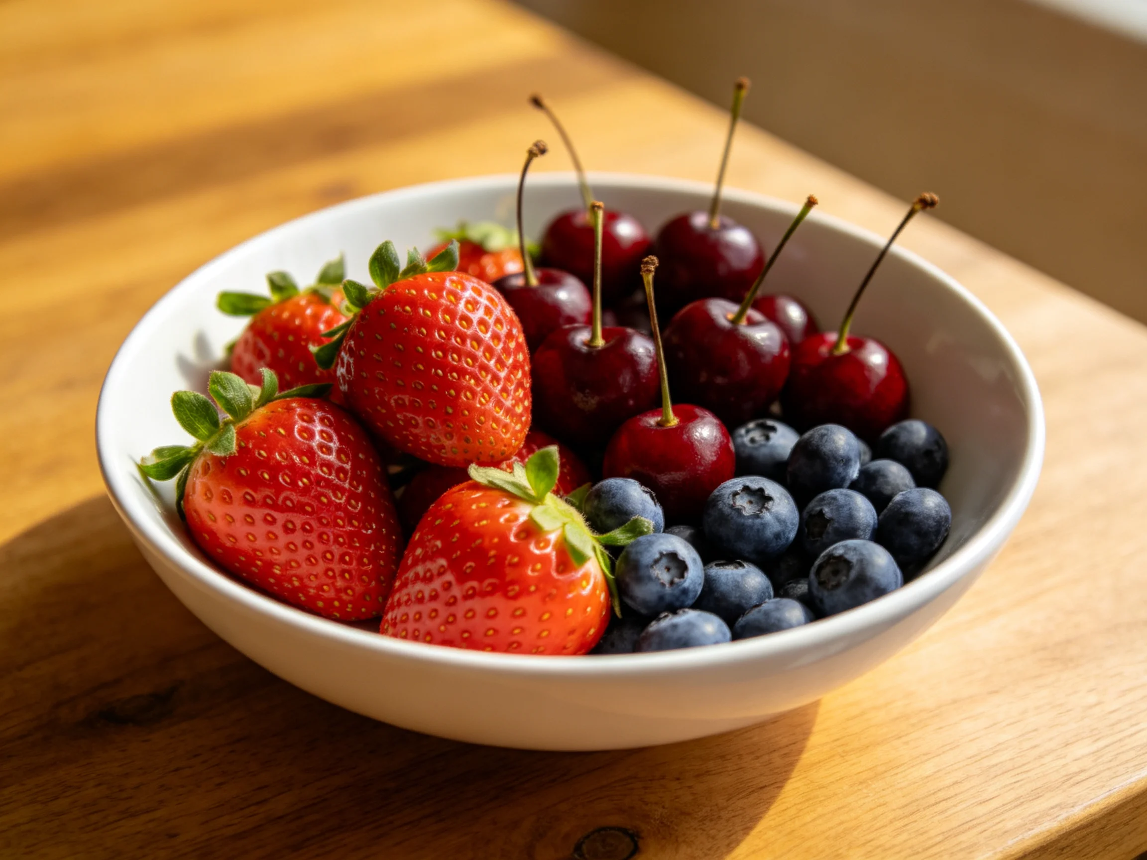A white bowl holds fresh strawberries, cherries, and blueberries on wood