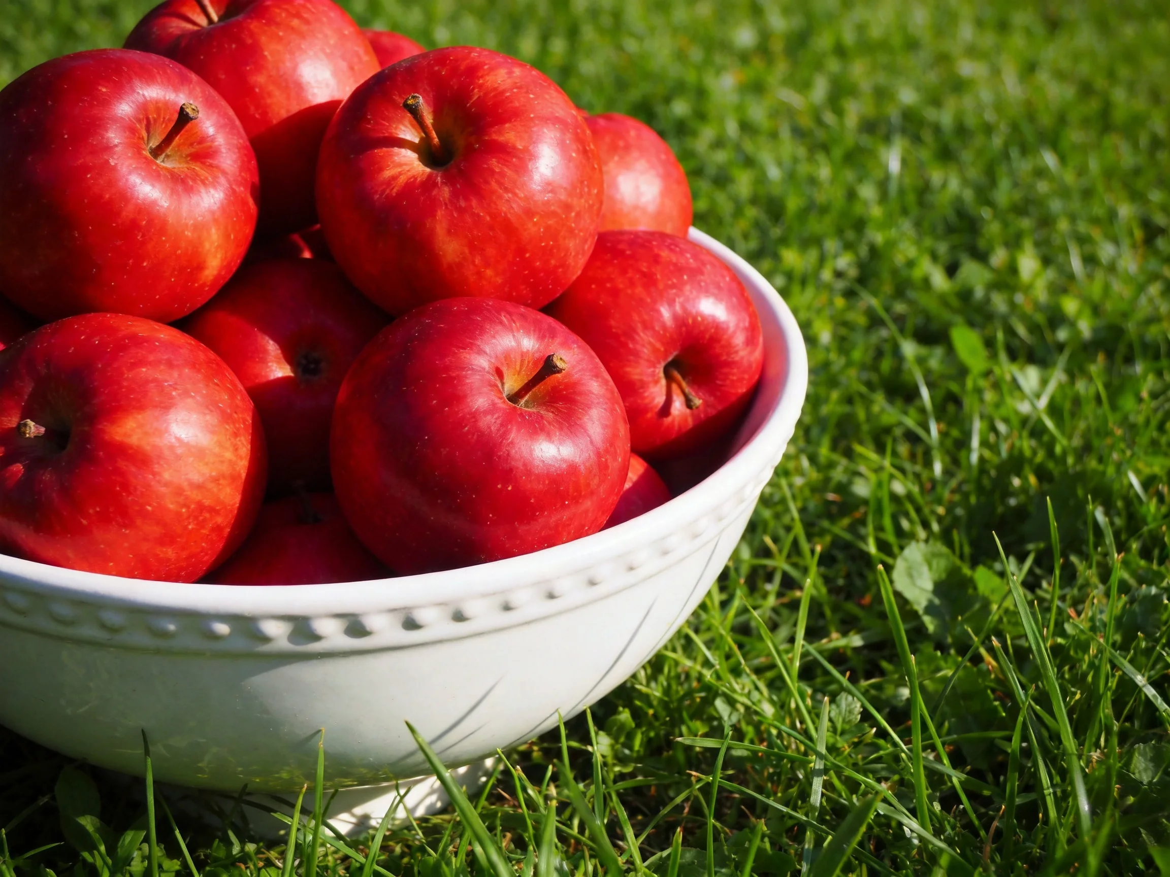A white bowl holds many red apples on green grass