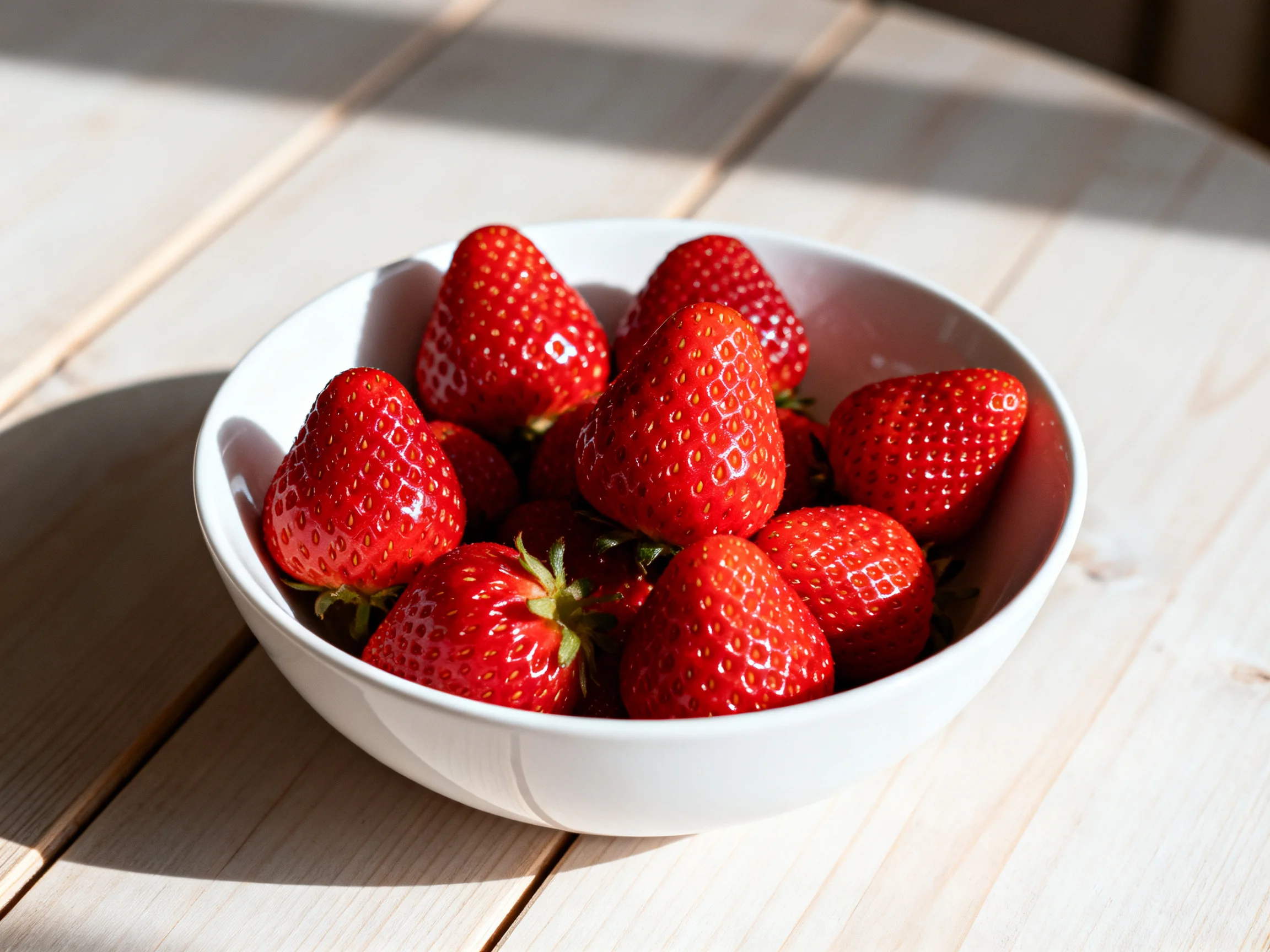 A white bowl holds numerous bright red strawberries on a light wooden table