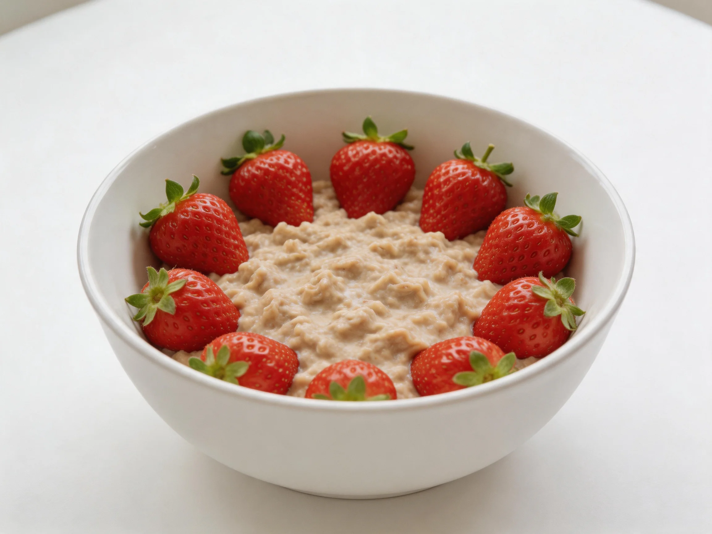 A white bowl holds oatmeal surrounded by fresh red strawberries