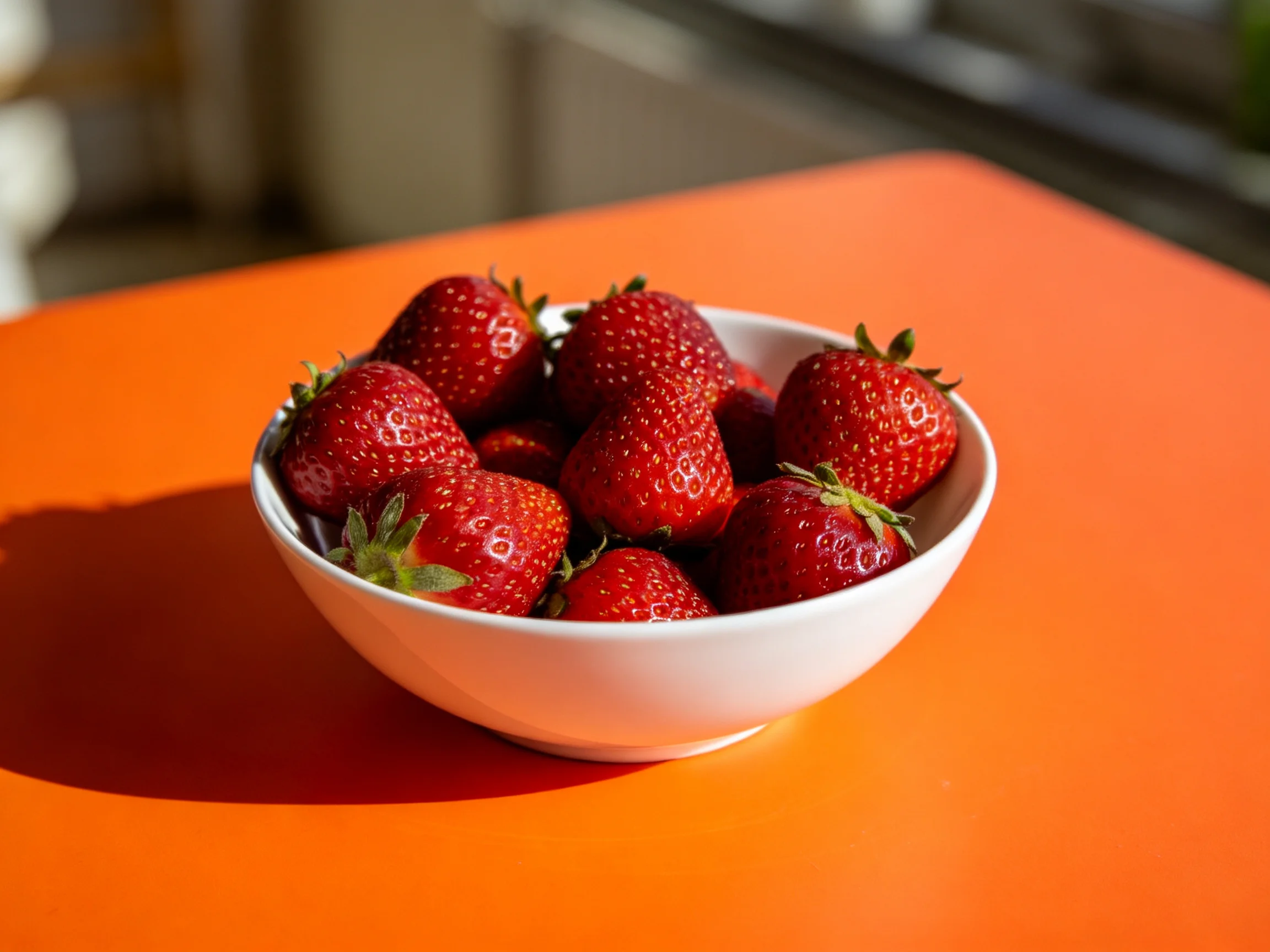 A white bowl holds plump red strawberries on an orange table