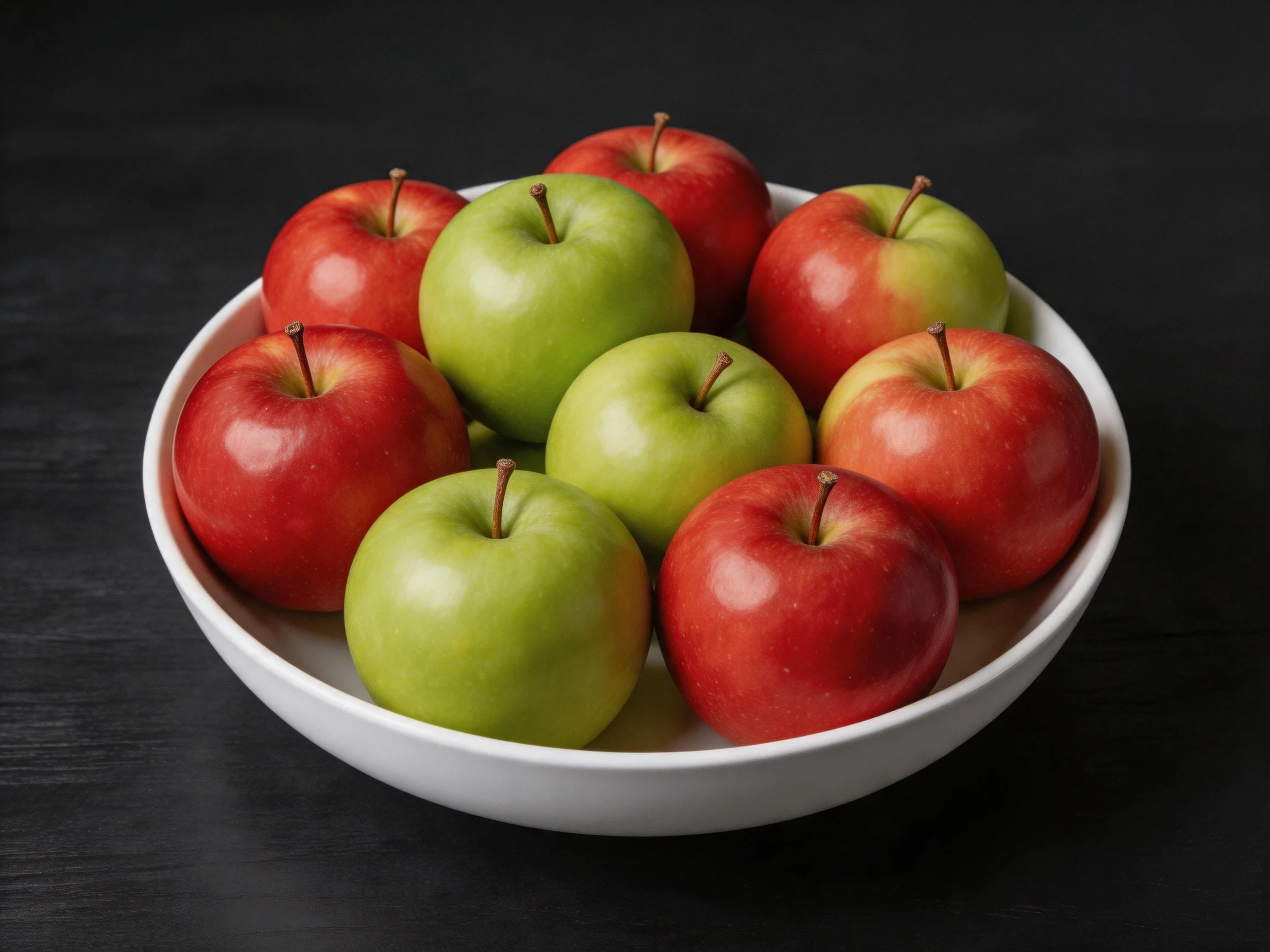 A white bowl holds red and green apples on a dark surface