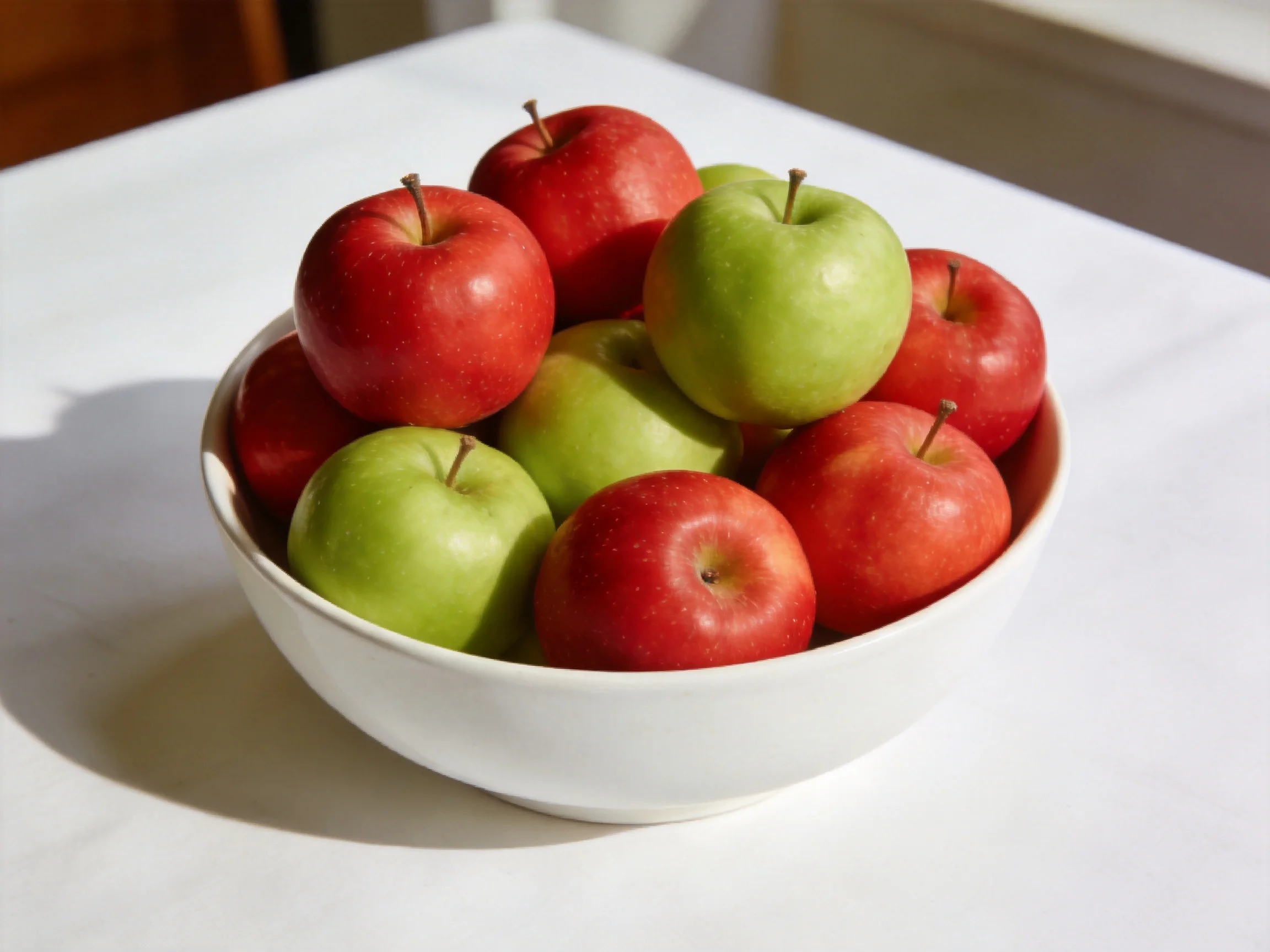 A white bowl holds red and green apples on a sunlit table