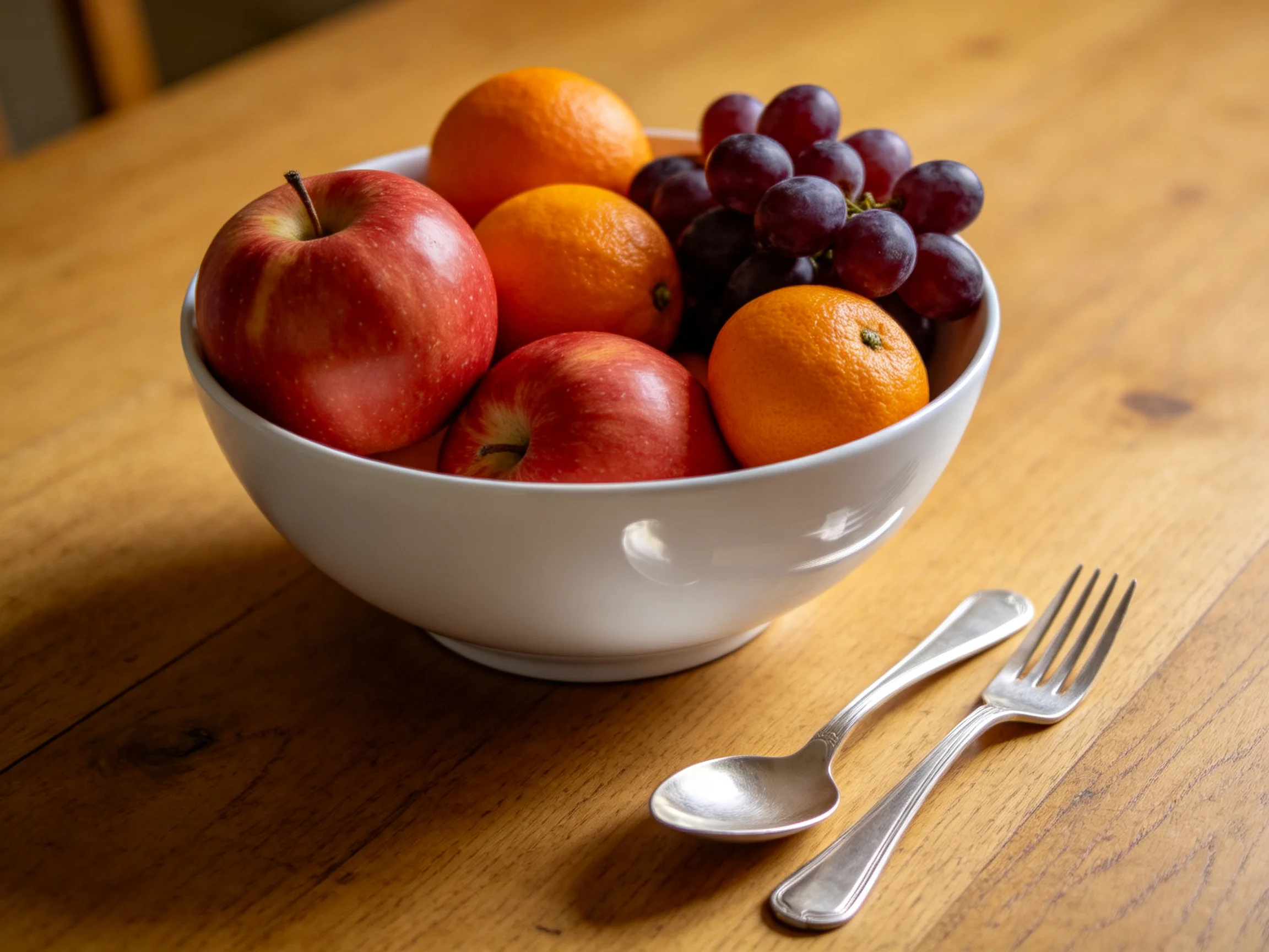 A white bowl holds red apples, oranges, and purple grapes