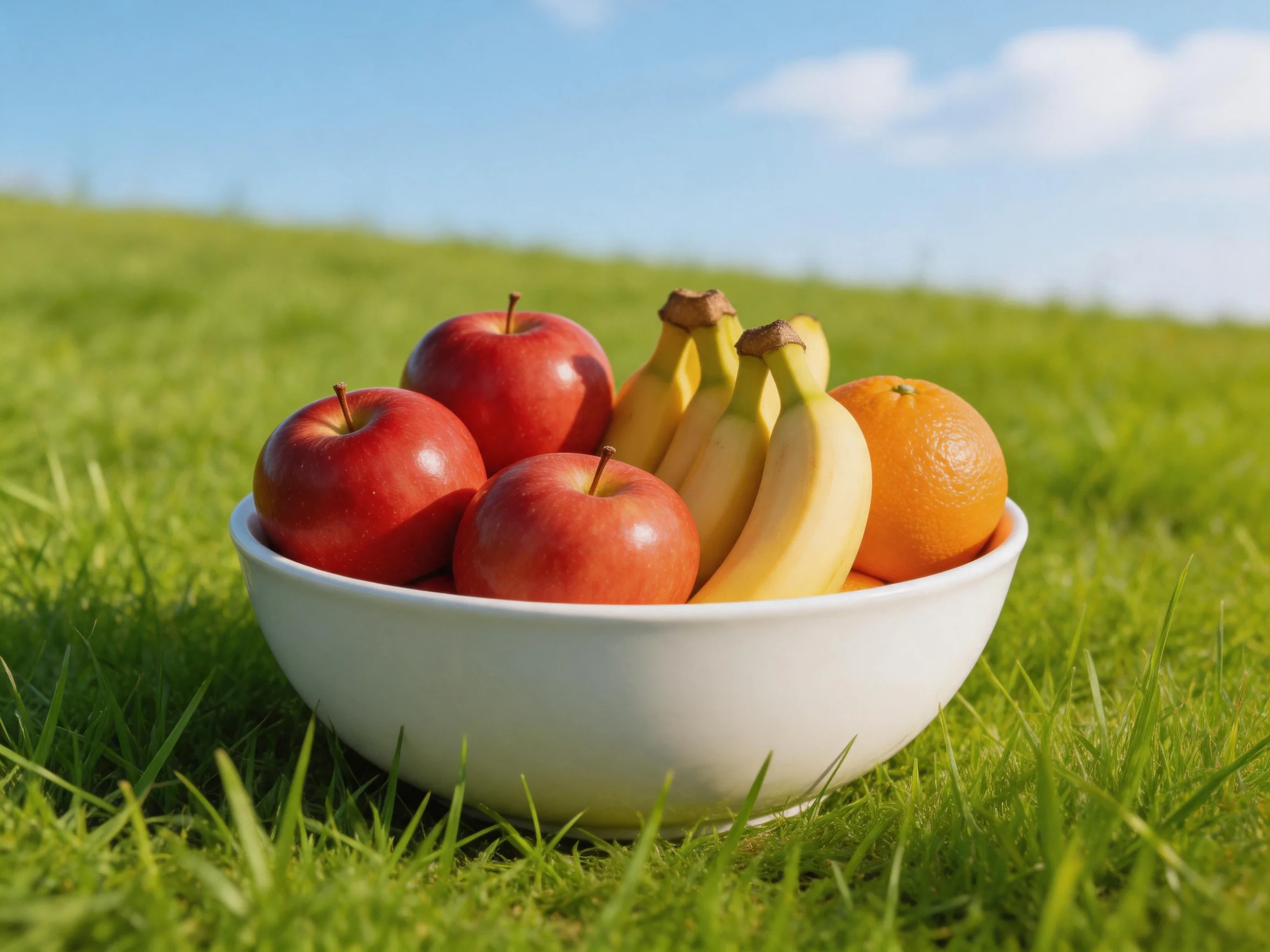 A white bowl holds red apples, yellow bananas, and an orange on green grass