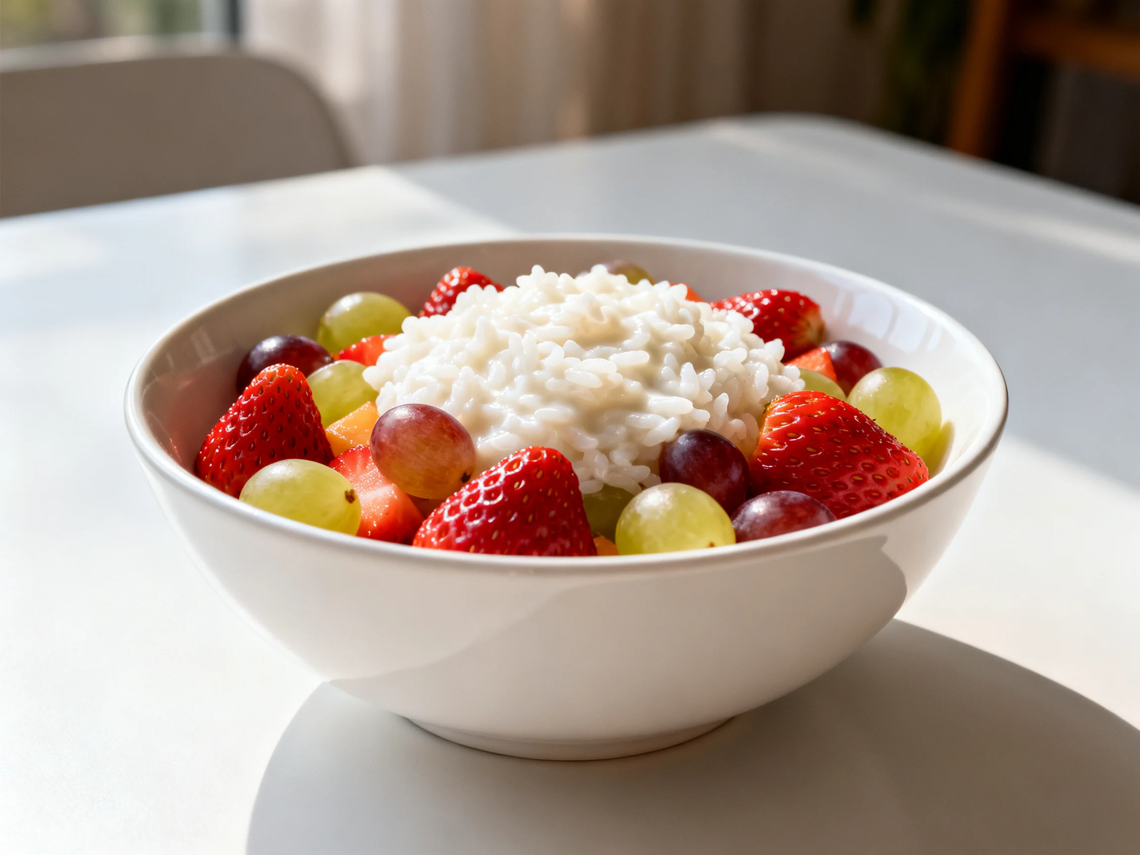 A white bowl holds rice, strawberries, and mixed grapes