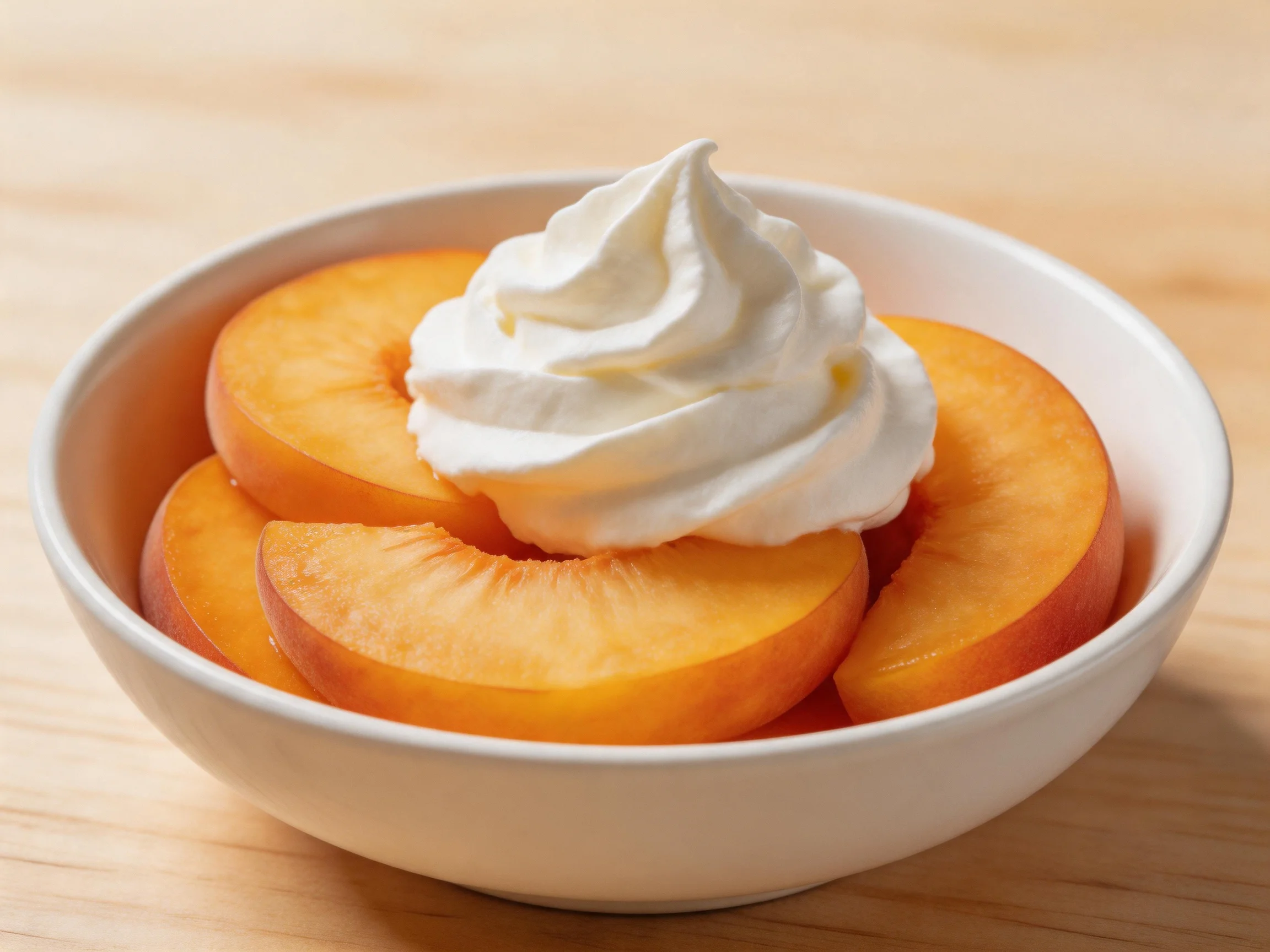 A white bowl holds sliced peaches with whipped cream on a wooden surface