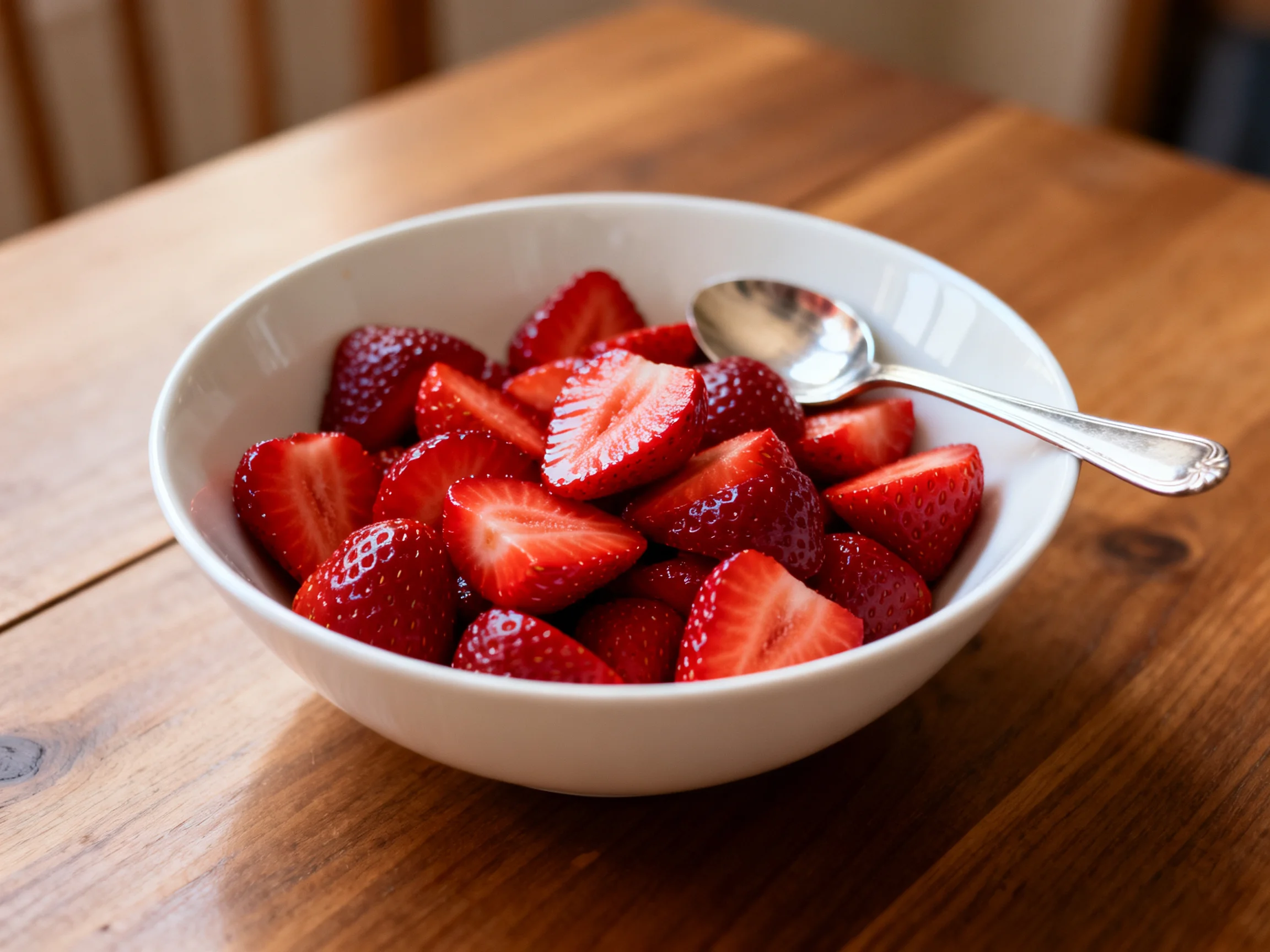 A white bowl holds sliced red strawberries with a silver spoon