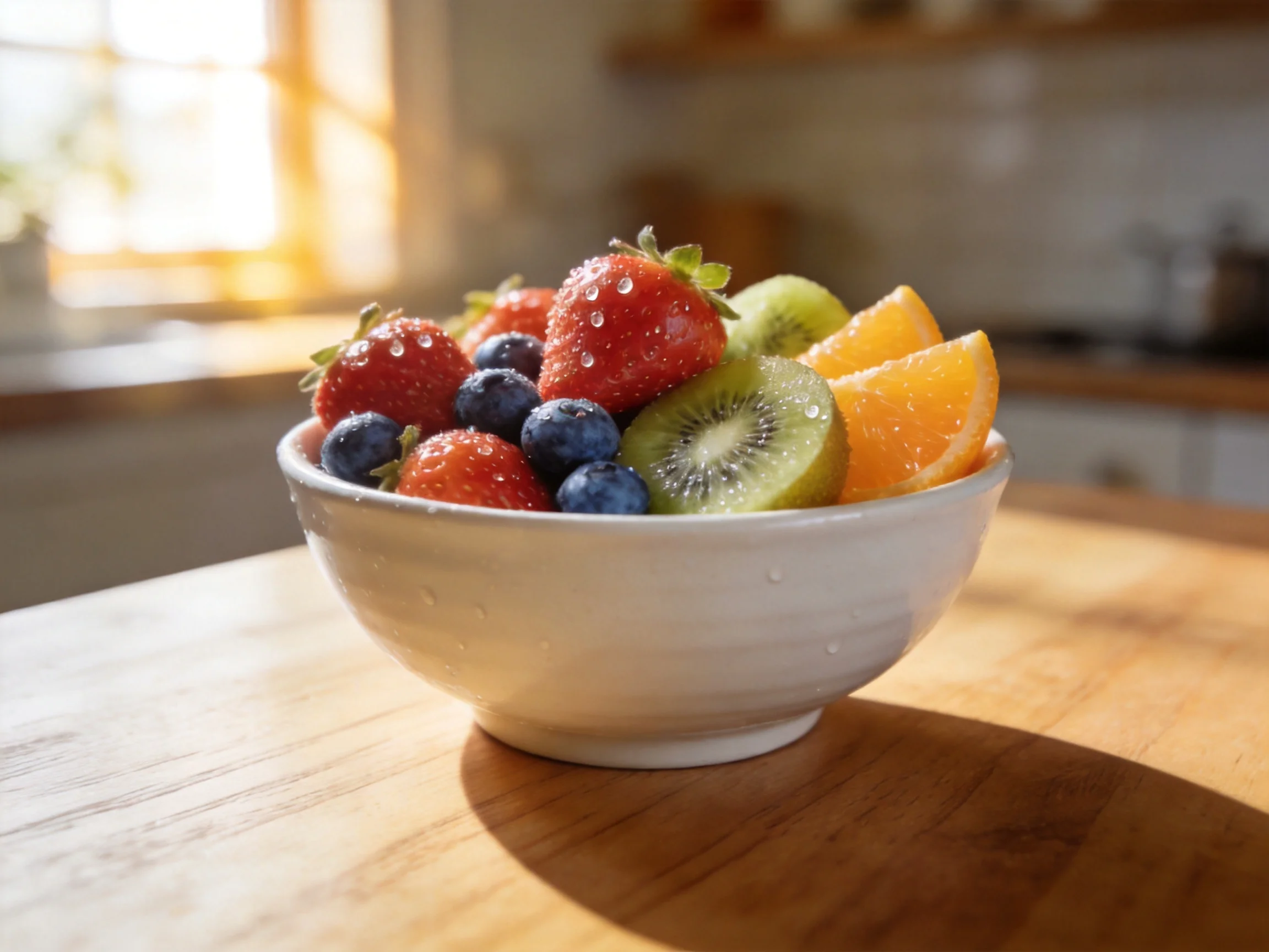 A white bowl holds strawberries, blueberries, kiwi, and orange slices on a wooden surface
