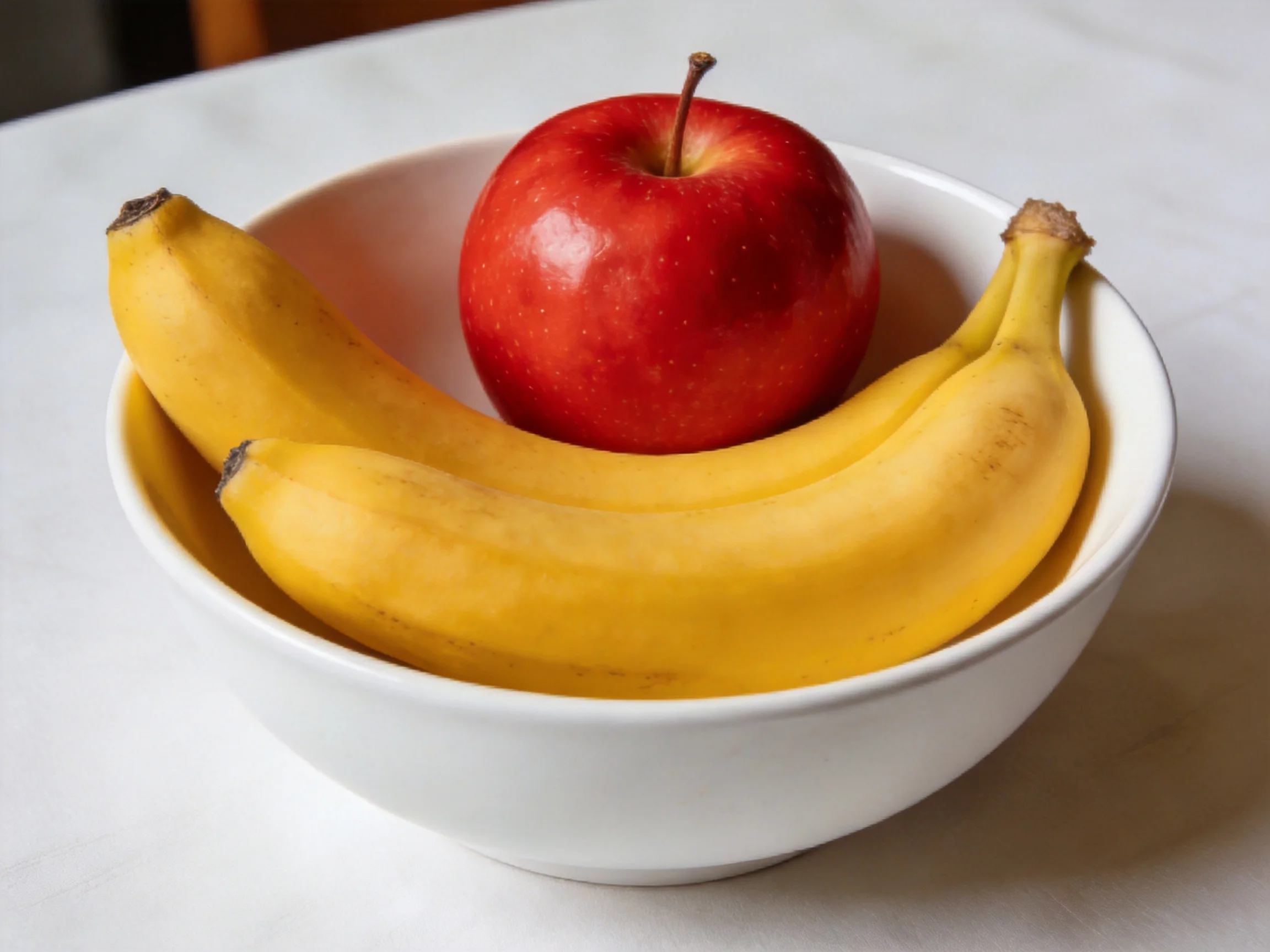 A white bowl holds two yellow bananas and one red apple