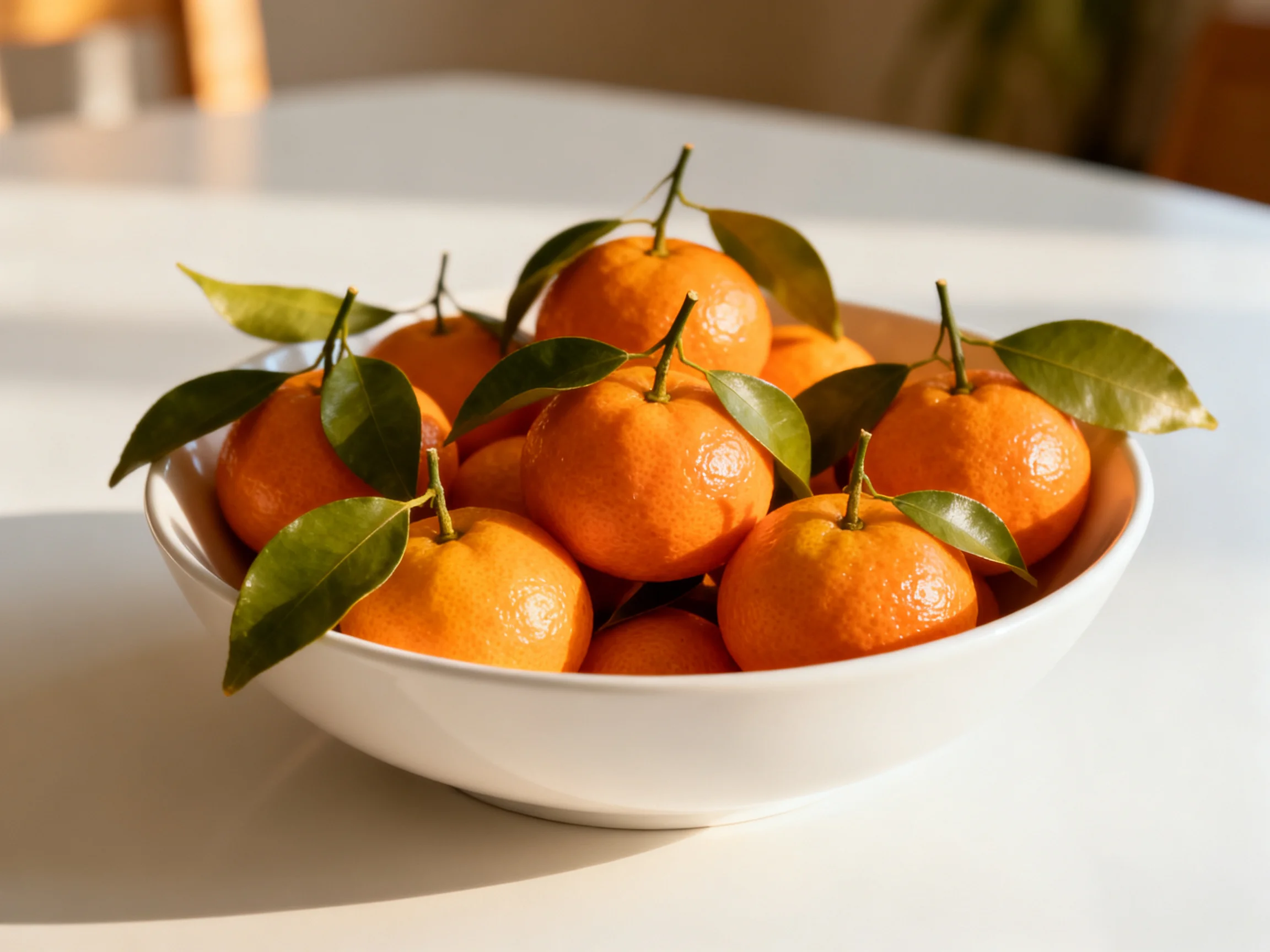 A white bowl holds vibrant orange citrus fruits with green leaves