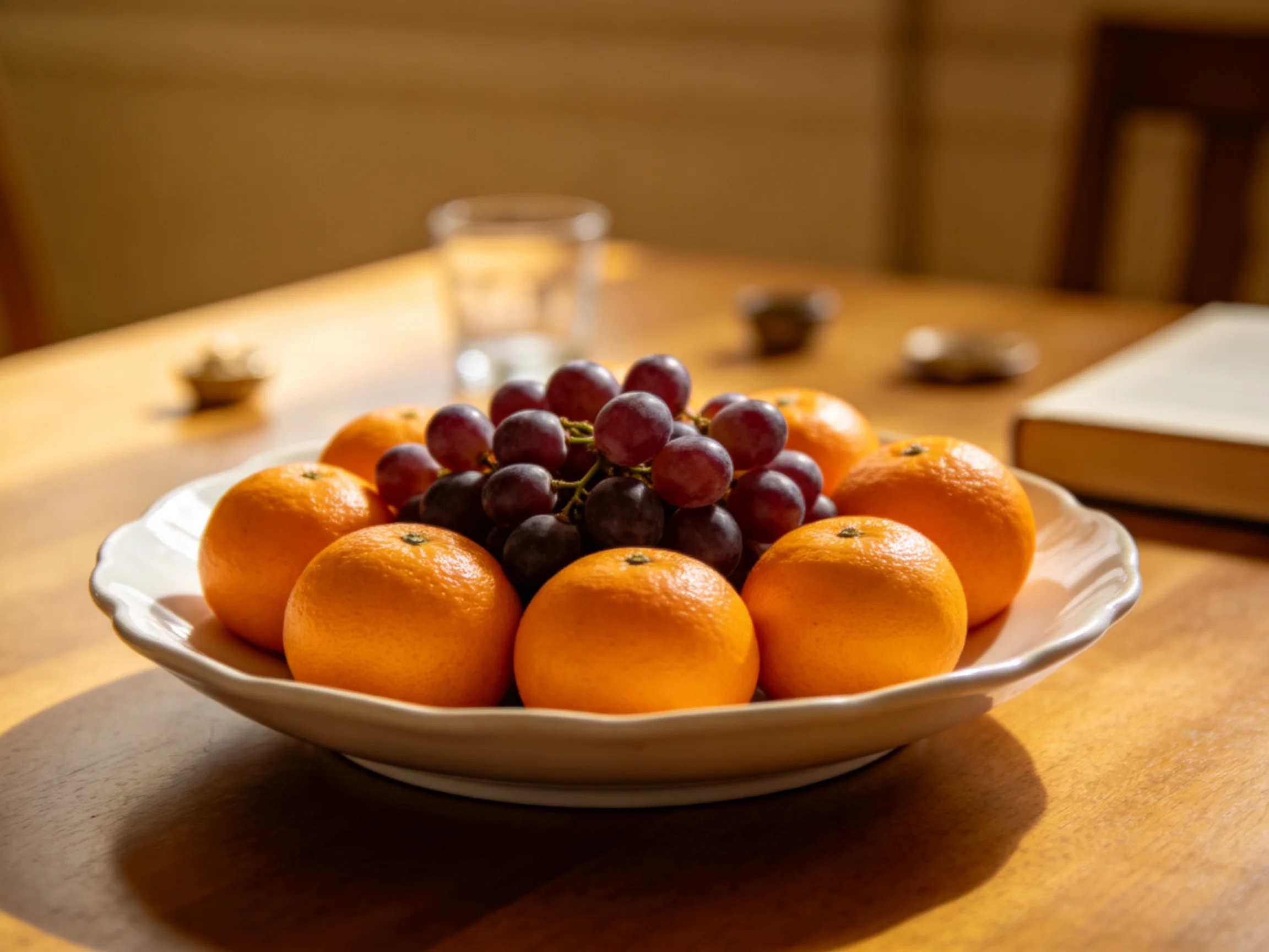 A white bowl holds vibrant oranges and dark purple grapes on a wooden table