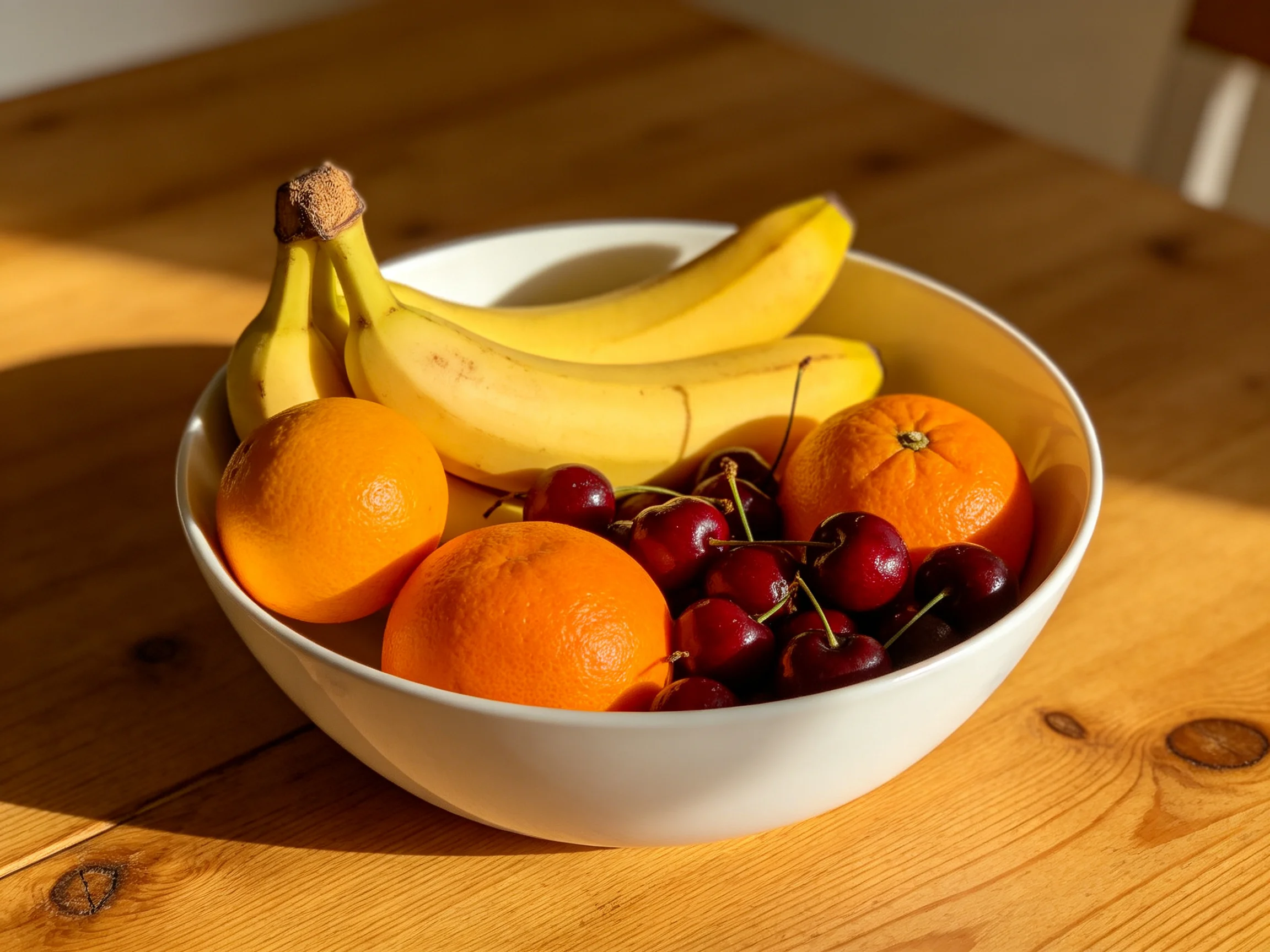 A white bowl holds yellow bananas, orange citrus, and dark cherries