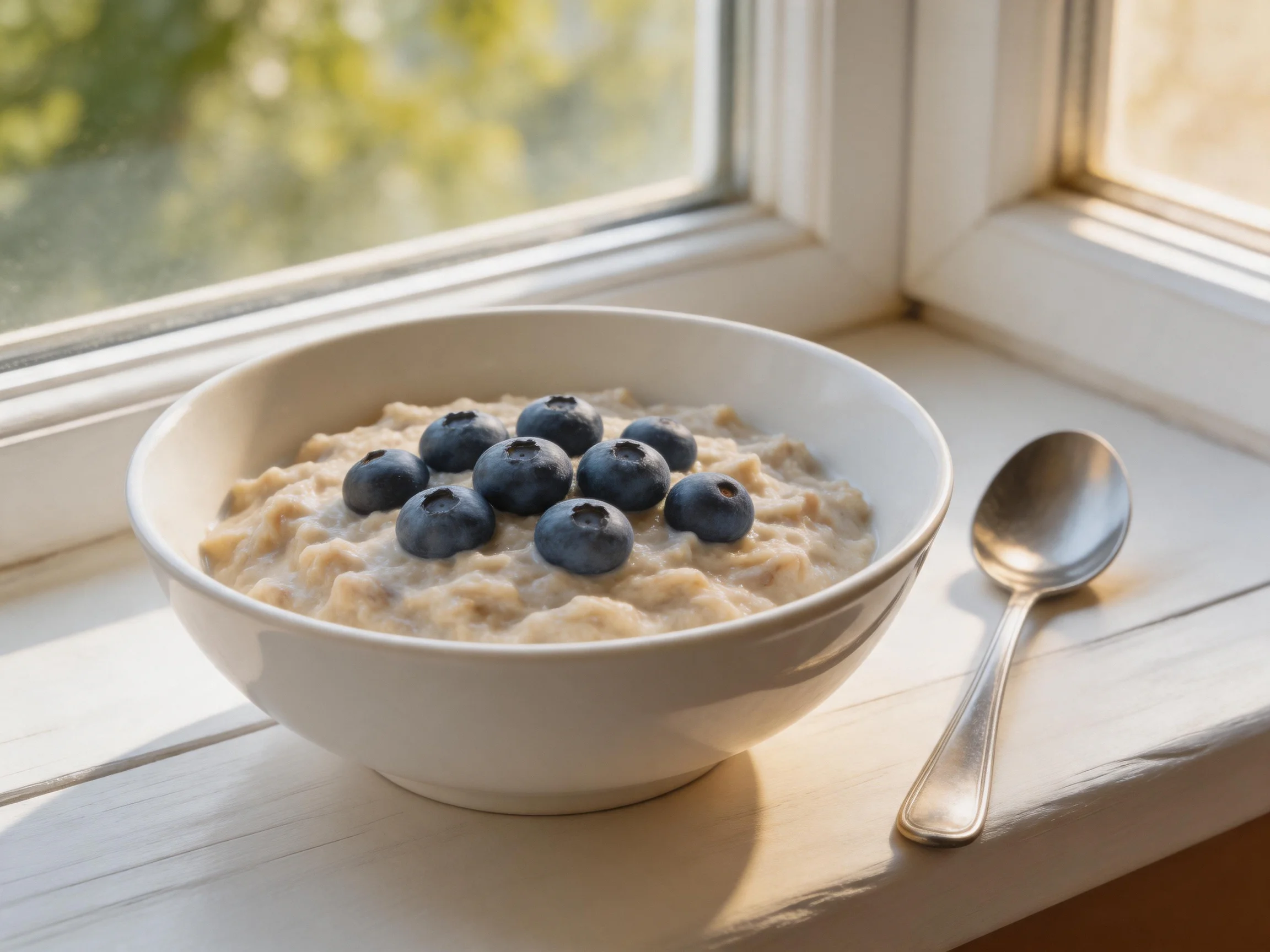 A white bowl of creamy oatmeal topped with blueberries on a sunlit windowsill