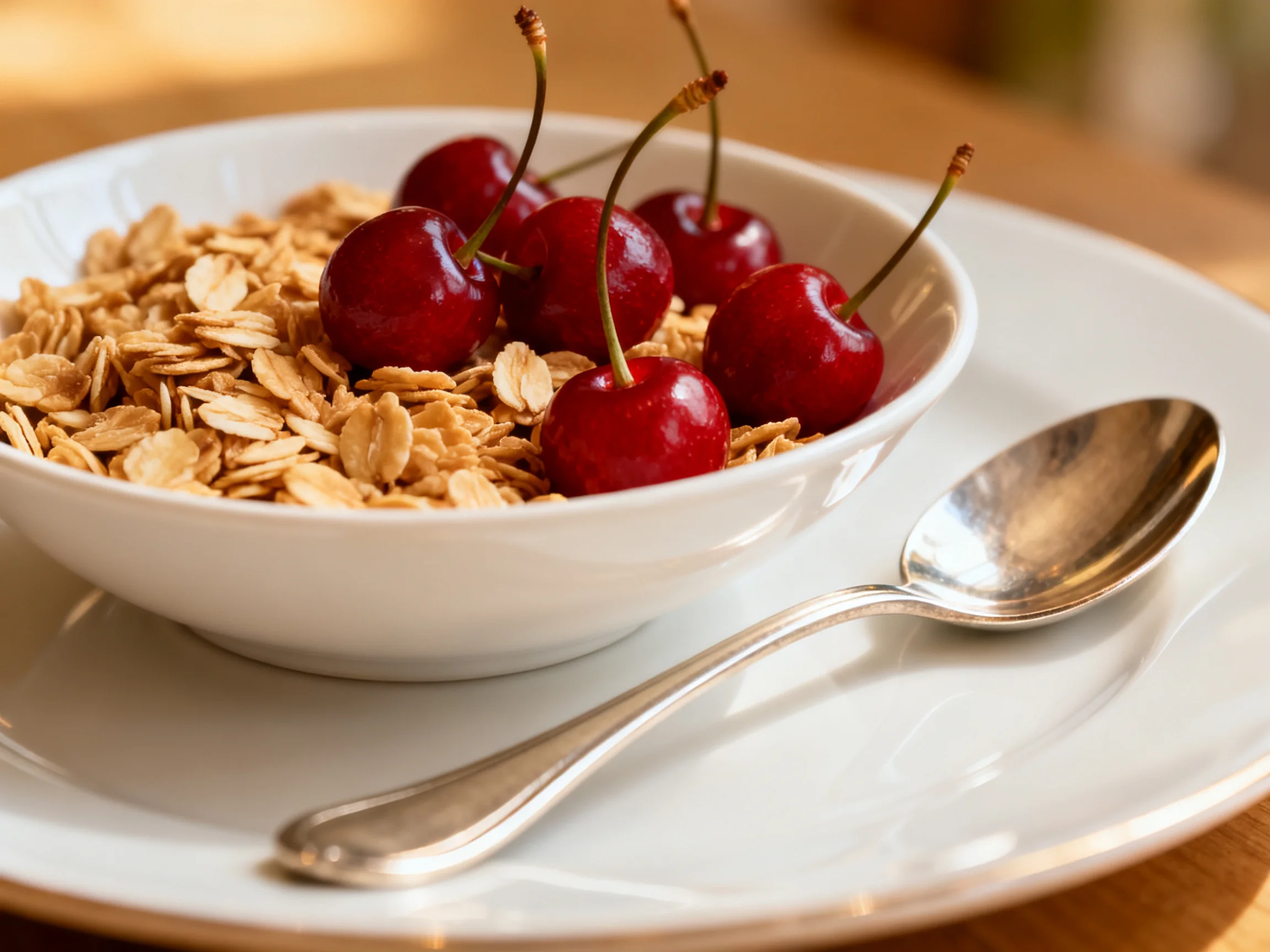 A white bowl of granola topped with vibrant red cherries