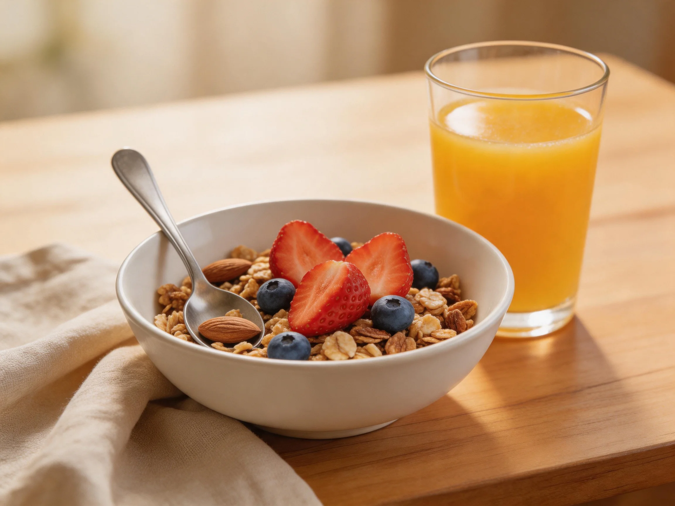 A white bowl of granola with strawberries, blueberries, and almonds beside an orange juice glass