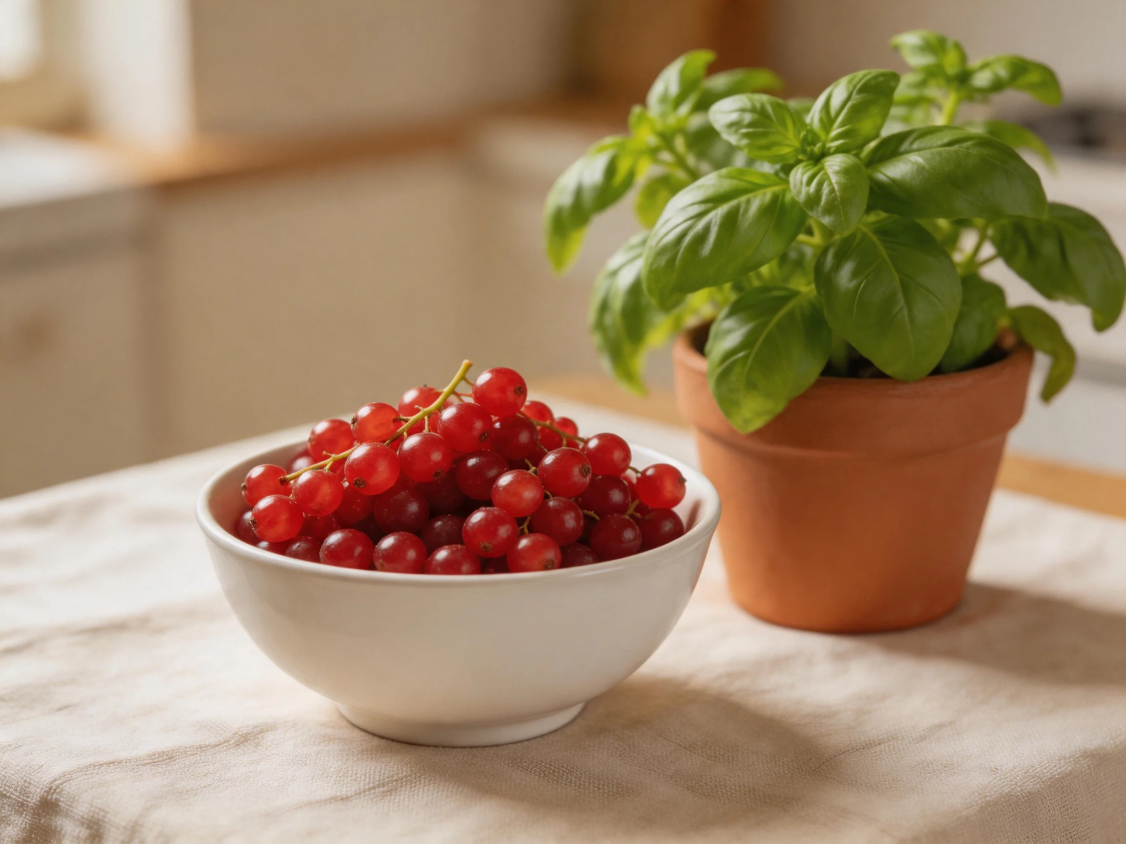 A white bowl of red berries beside a terracotta potted basil plant