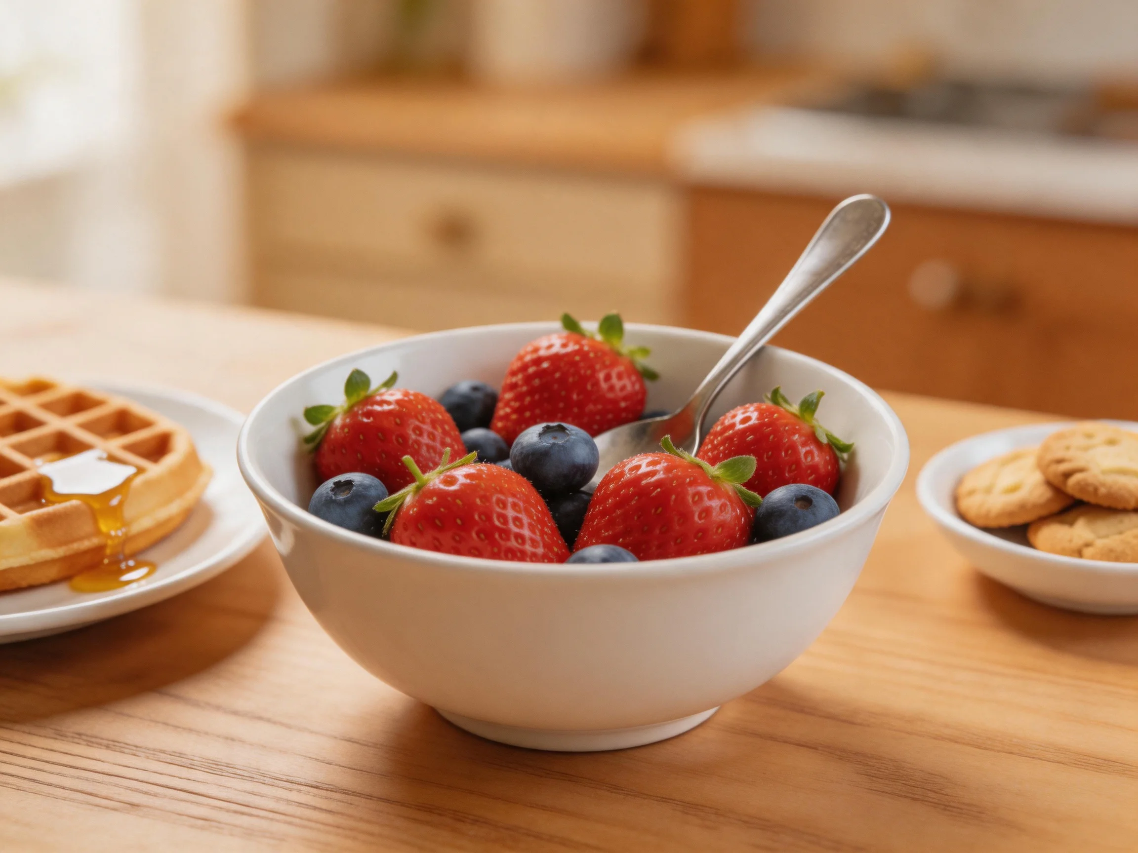 A white bowl of strawberries and blueberries near a syrupy waffle and cookie plate