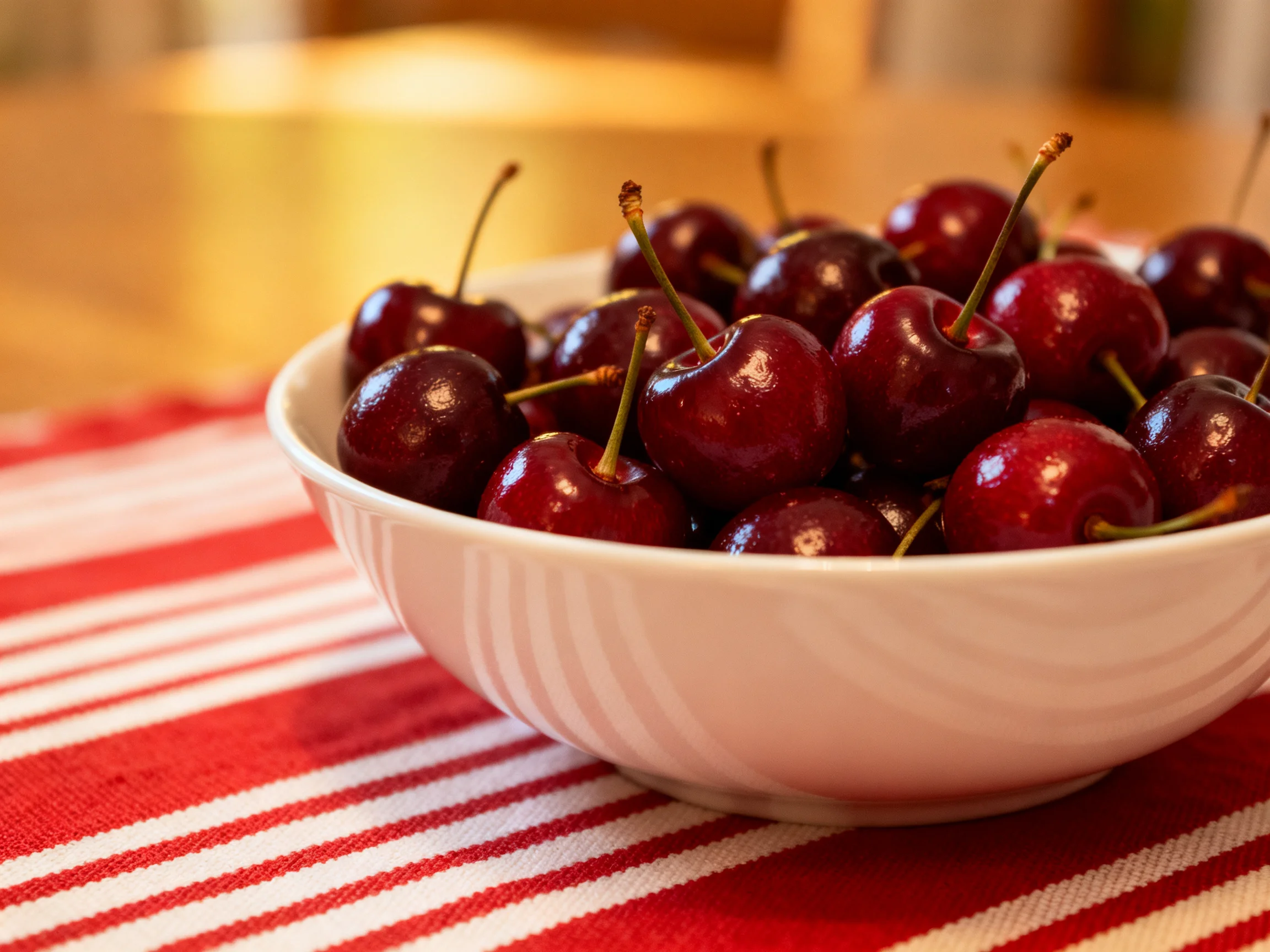 A white bowl overflowed with glossy red cherries on a striped cloth