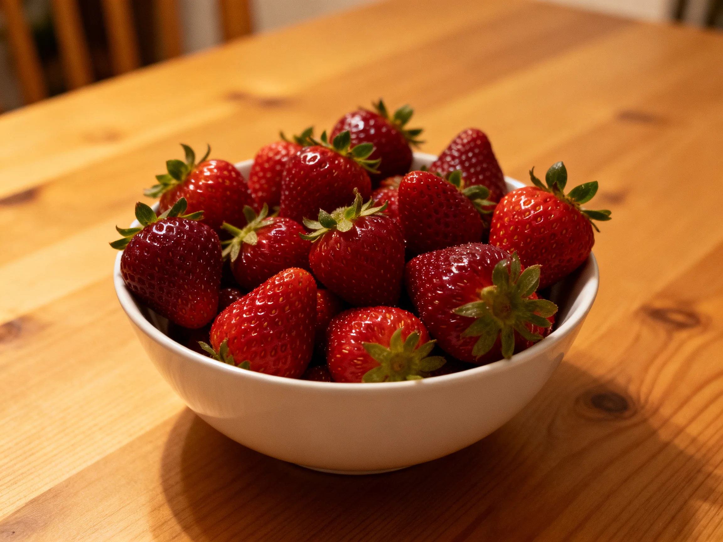 A white bowl overflowed with plump red strawberries sits on a wooden table.