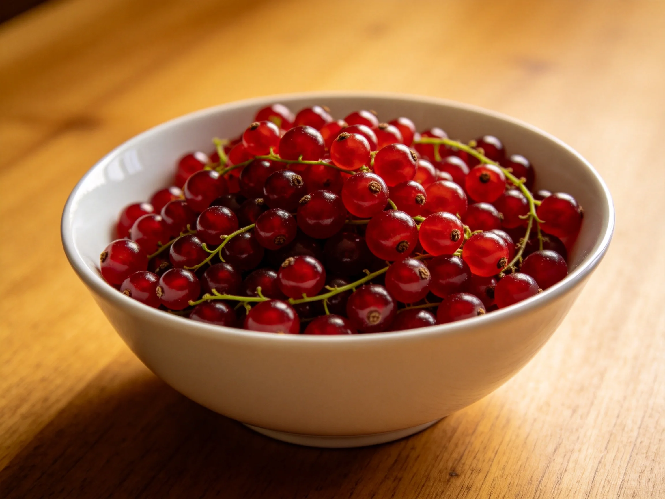 A white bowl overflowed with vibrant red currant berries